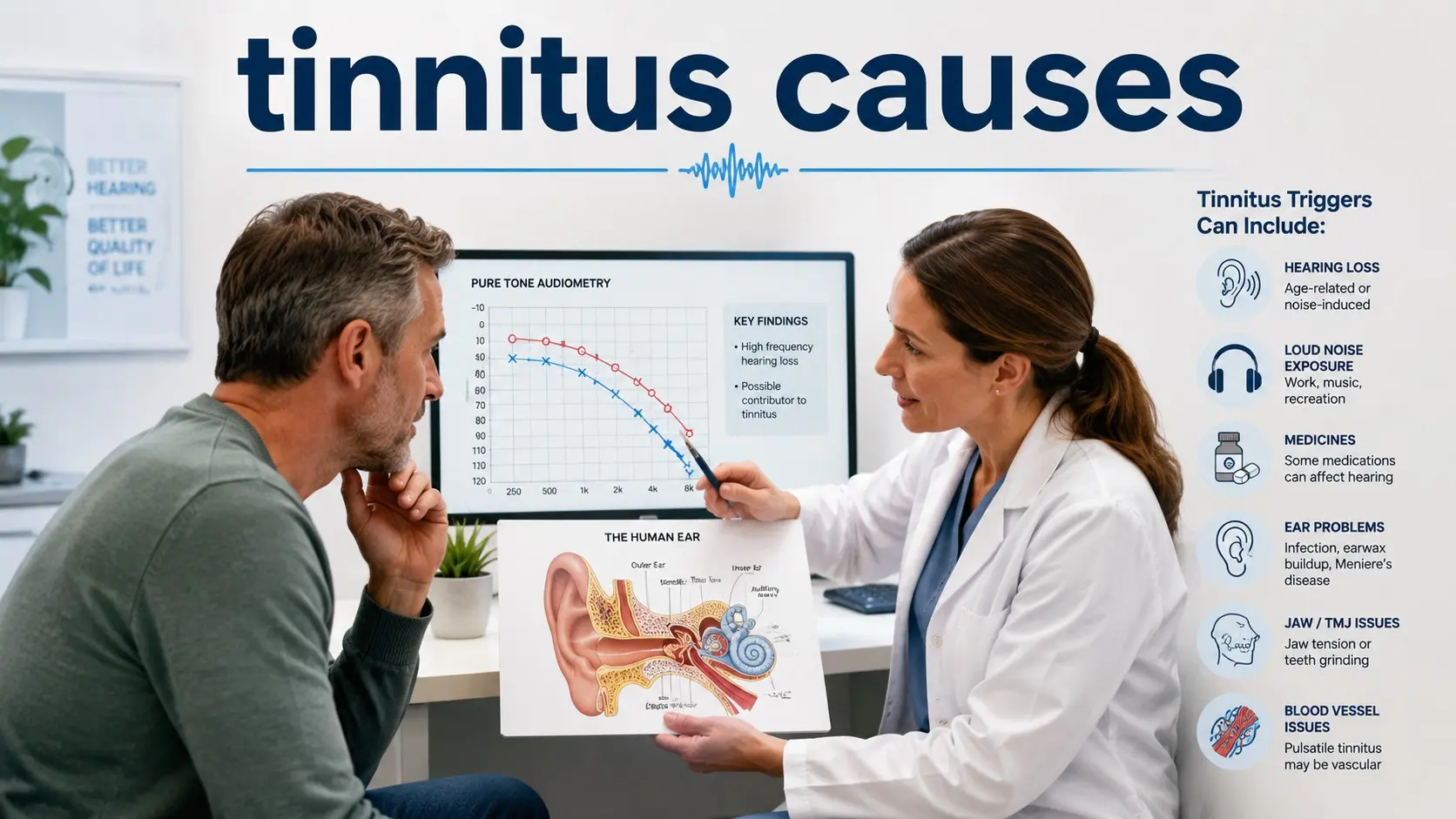 Adult reviews common tinnitus causes, hearing-test results, ear health, medicines, and pulsatile tinnitus warning signs with an audiologist