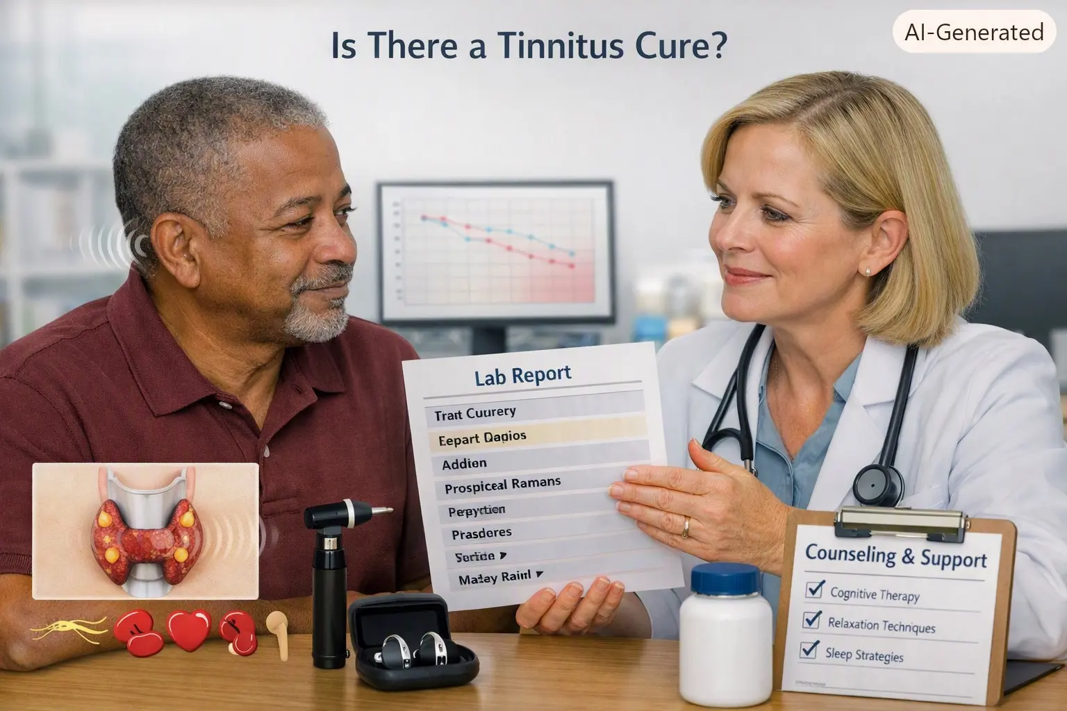 tinnitus cure: Adult discussing tinnitus, hearing-test results, sound therapy, hearing aids, and cognitive behavioral support with an audiologist.