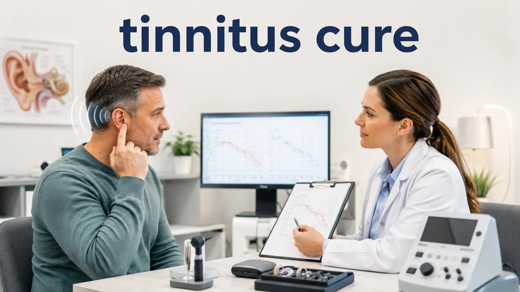 tinnitus cure - Adult discusses persistent tinnitus, hearing test results, hearing aids, CBT, and treatment options with an audiologist in a modern hearing clinic.