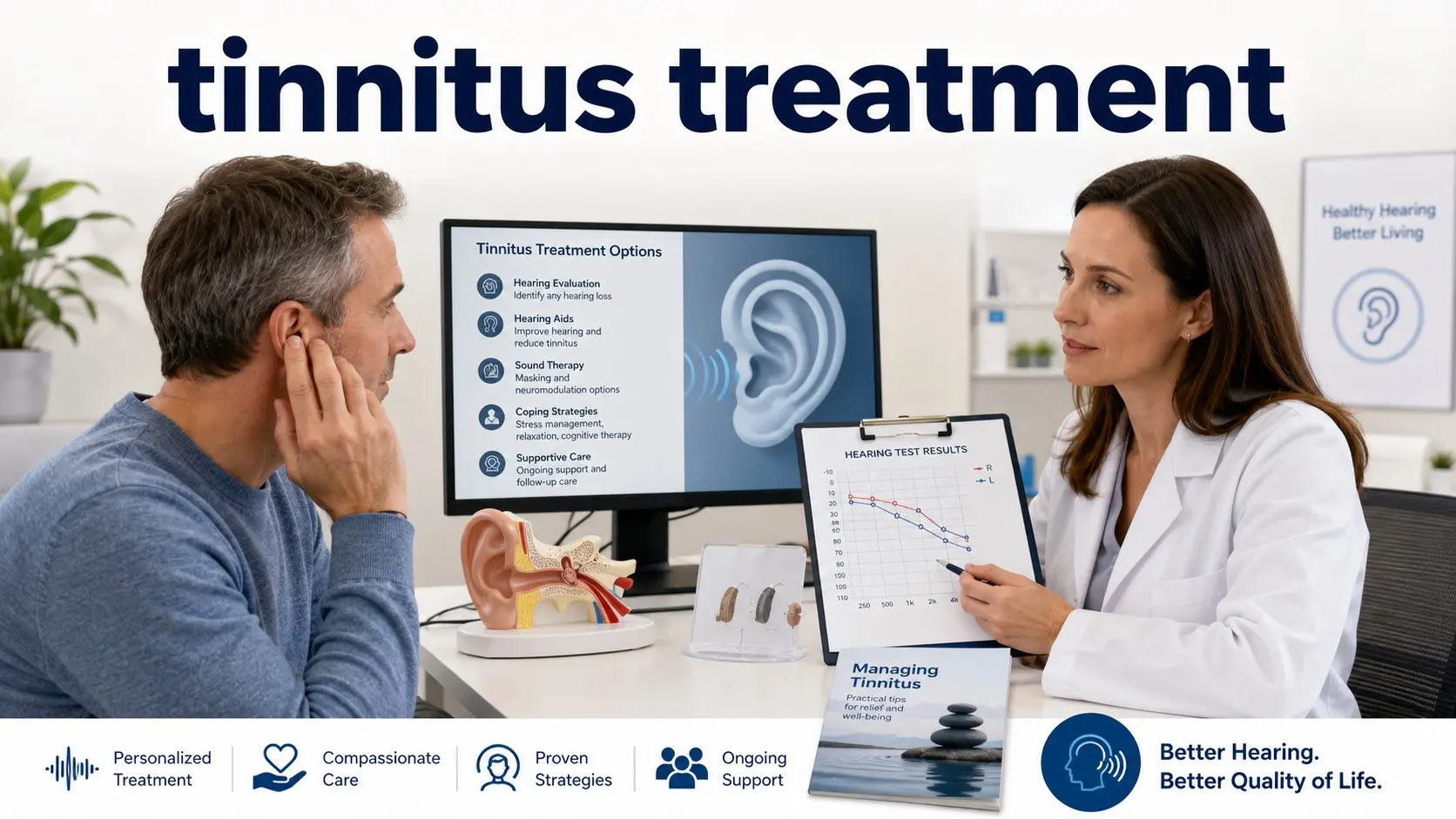 Adult reviews tinnitus treatment options, hearing-test results, hearing aids, CBT, and specialist care with an audiologist in a modern clinic