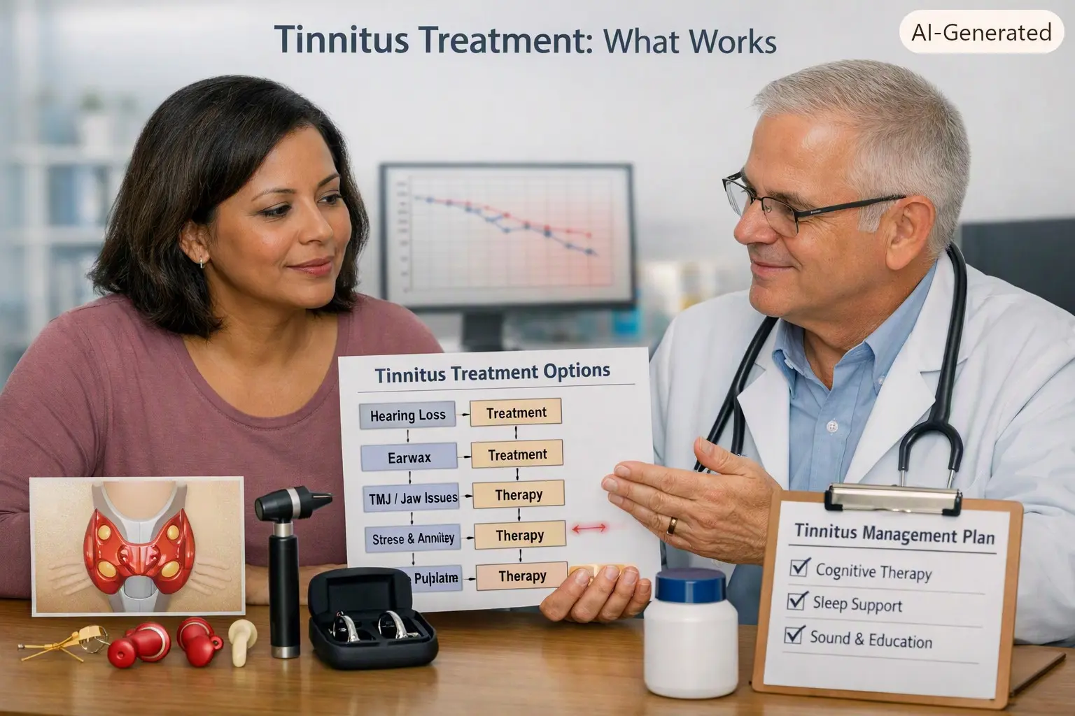tinnitus treatment: Adult comparing tinnitus treatment options, including hearing aids, CBT, sound enrichment, sleep support, and an audiogram with an audiologist