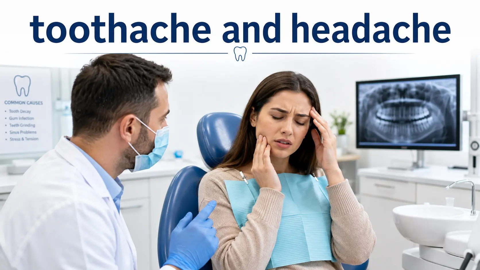 toothache and headache - Adult with tooth and head pain discusses dental, sinus, jaw, and headache causes with a dentist during a clinical evaluation.