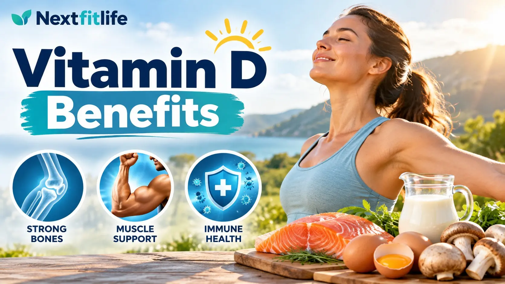 Vitamin D Benefits showing sunlight, food sources, bone health, muscles, and immune support
