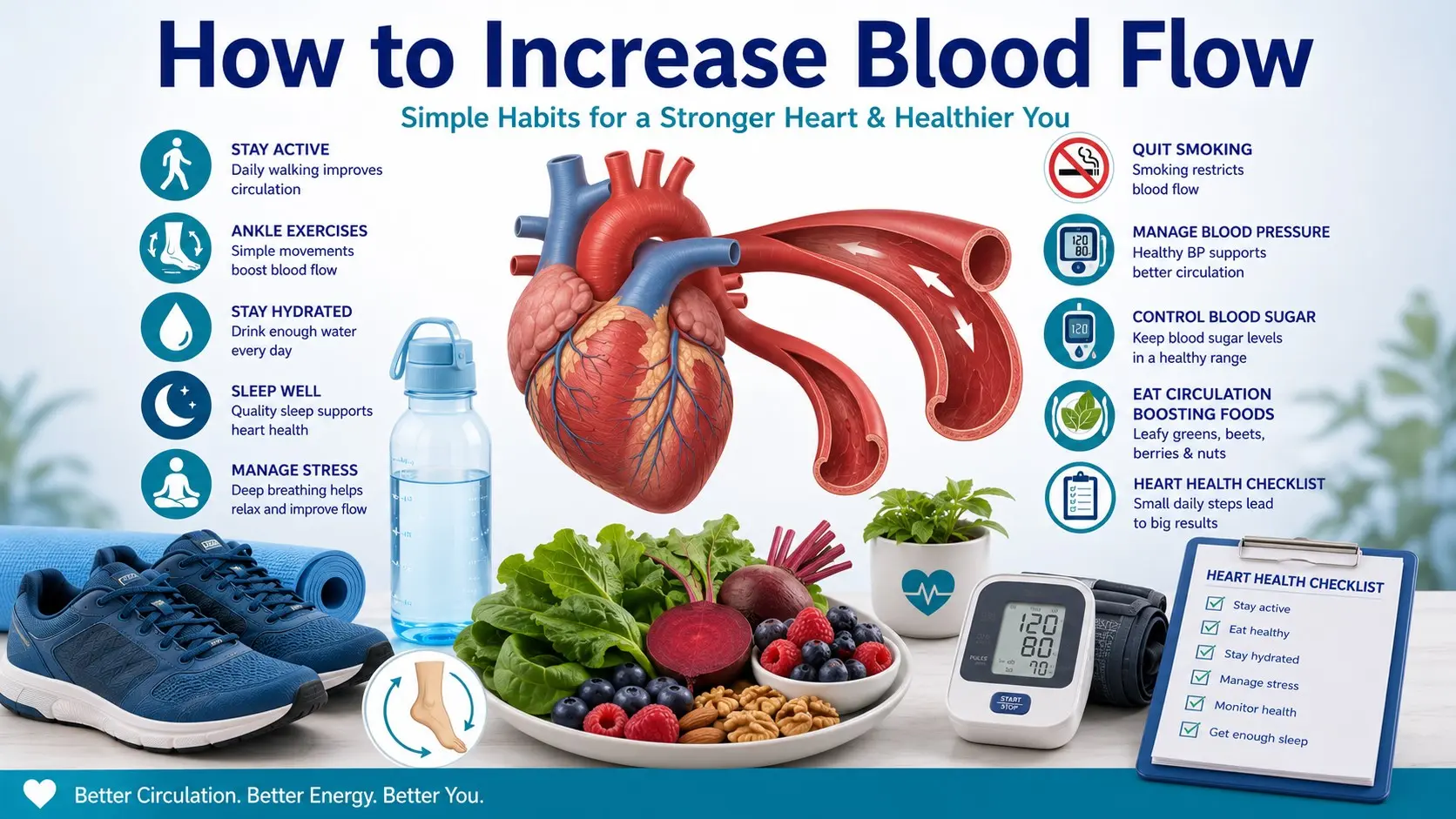 How to Increase Blood Flow guide with walking, stretching, water, heart healthy foods, no smoking, blood pressure control, diabetes care, sleep, leg movement, and doctor checklist icons.