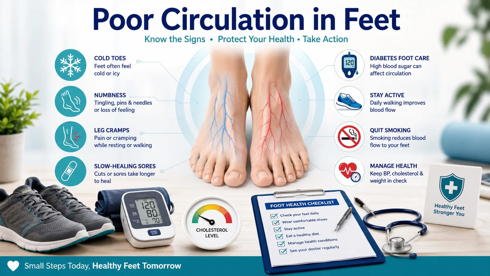 Poor Circulation in Feet guide with cold feet, numb toes, leg cramps, swelling, slow-healing sore, diabetes foot care, walking, no smoking, and doctor checklist icons.