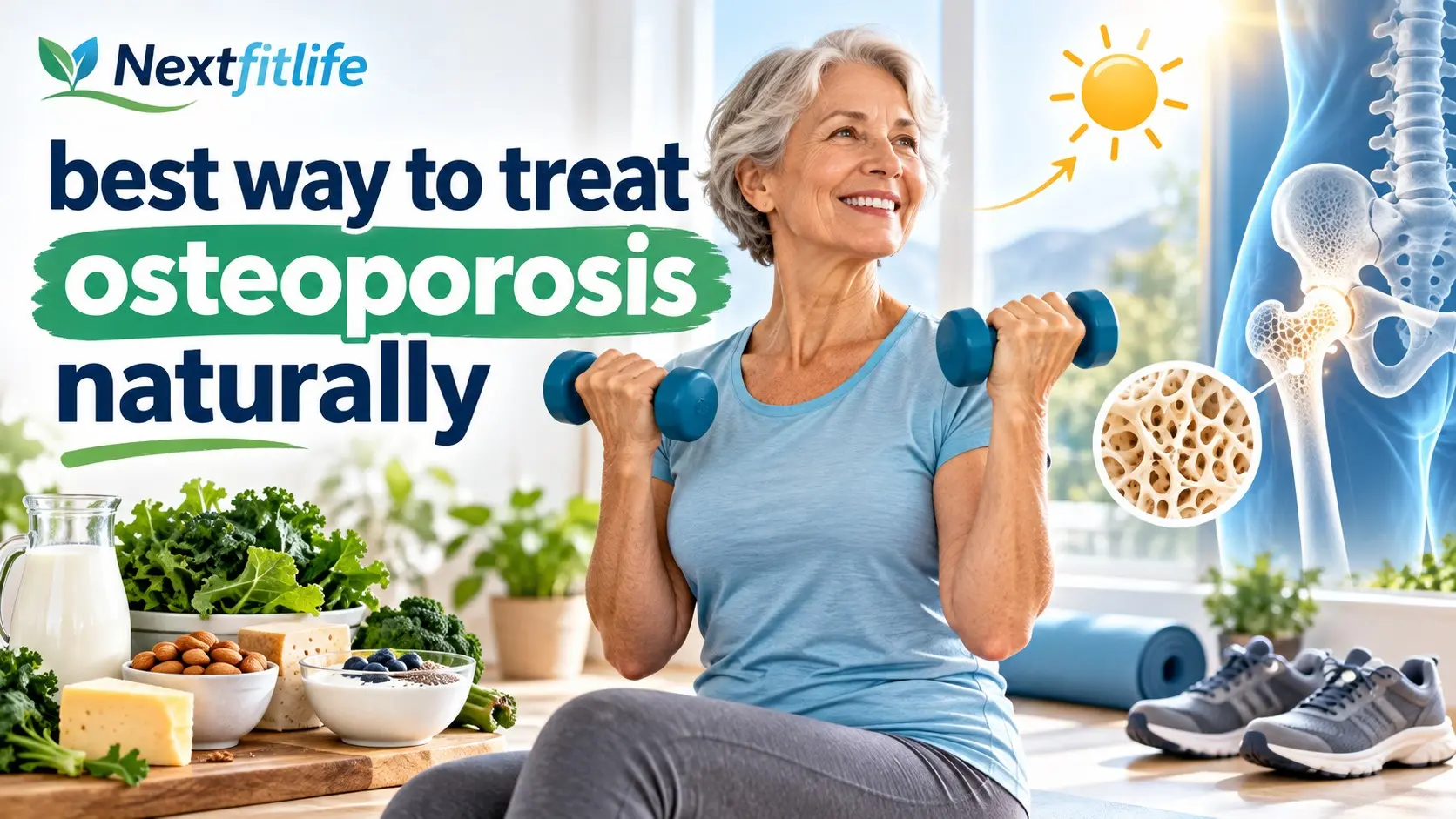 Best way to treat osteoporosis naturally with strength exercise, calcium rich foods, vitamin D, balance training, and fall prevention