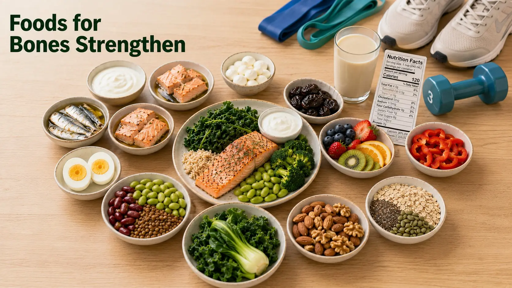 oods for Bones Strengthen with yogurt, milk, cheese, sardines, salmon, tofu, eggs, beans, greens, nuts, seeds, fruit, and whole grains.