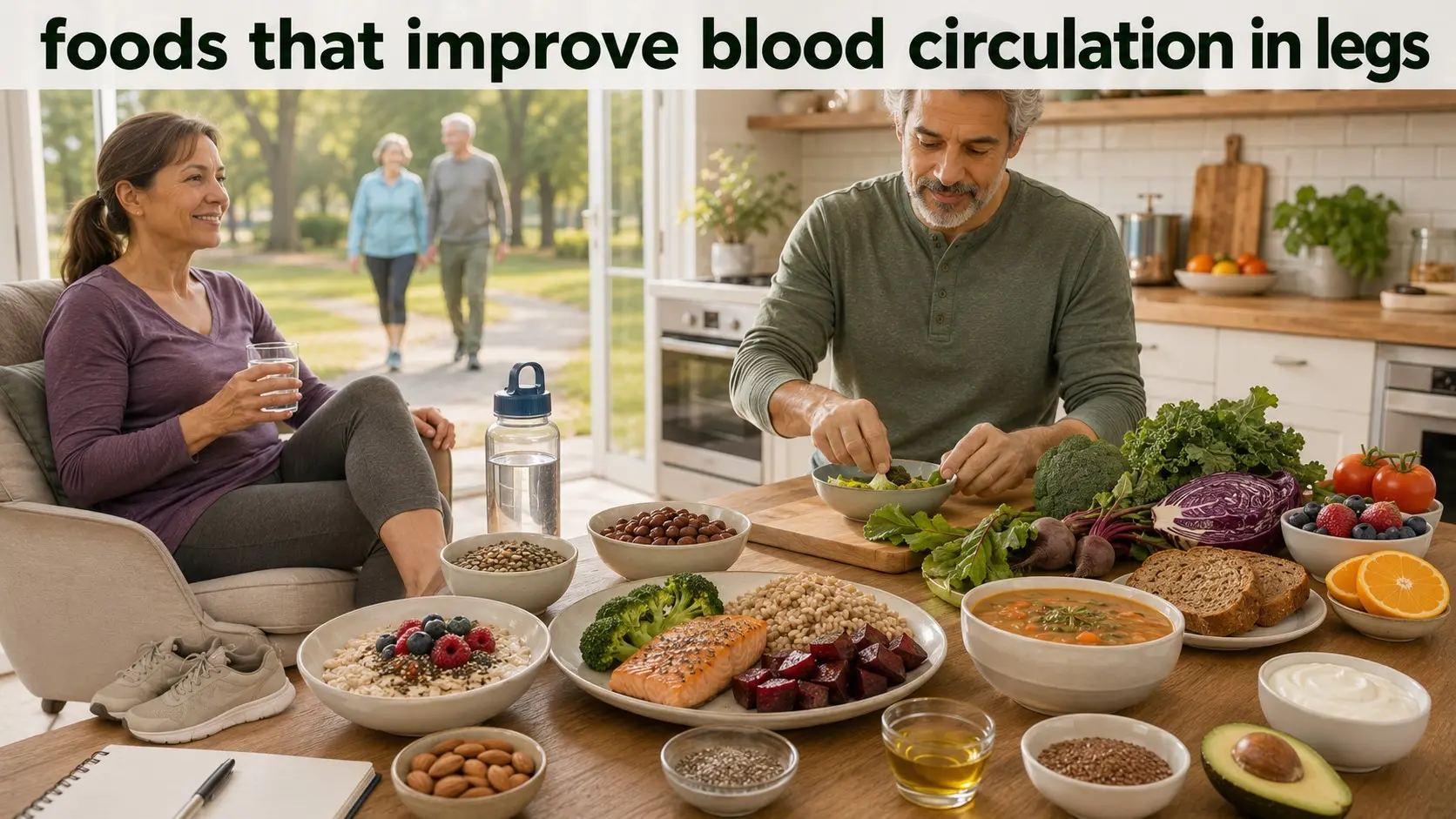 foods that improve blood circulation in legs - Heart healthy foods that may support blood circulation in the legs, including leafy greens, berries, beans, oats, nuts, salmon, and olive oil.