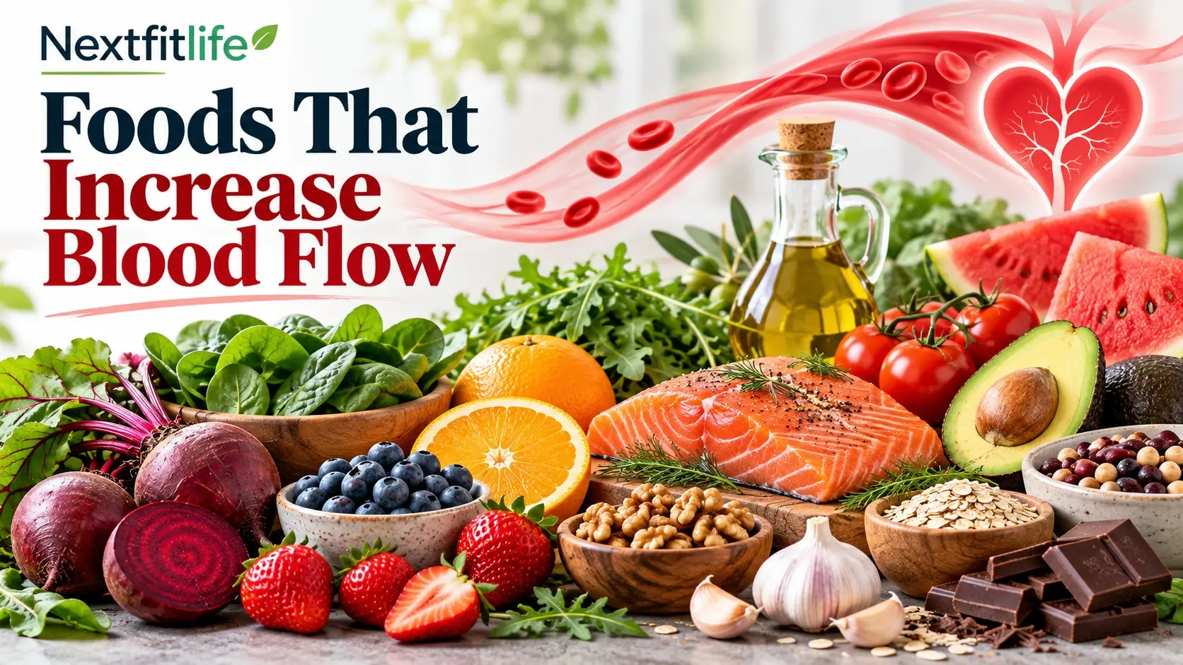 Foods That Increase Blood Flow including beets, berries, salmon, leafy greens, walnuts, citrus fruit, and olive oil