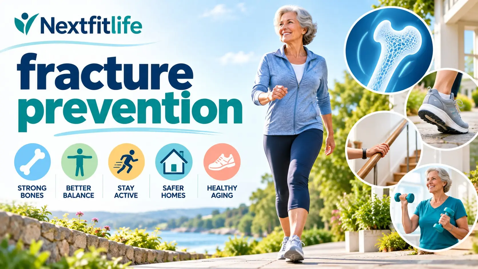 Fracture prevention with strength exercise, balance training, calcium rich foods, bone screening, and home fall safety