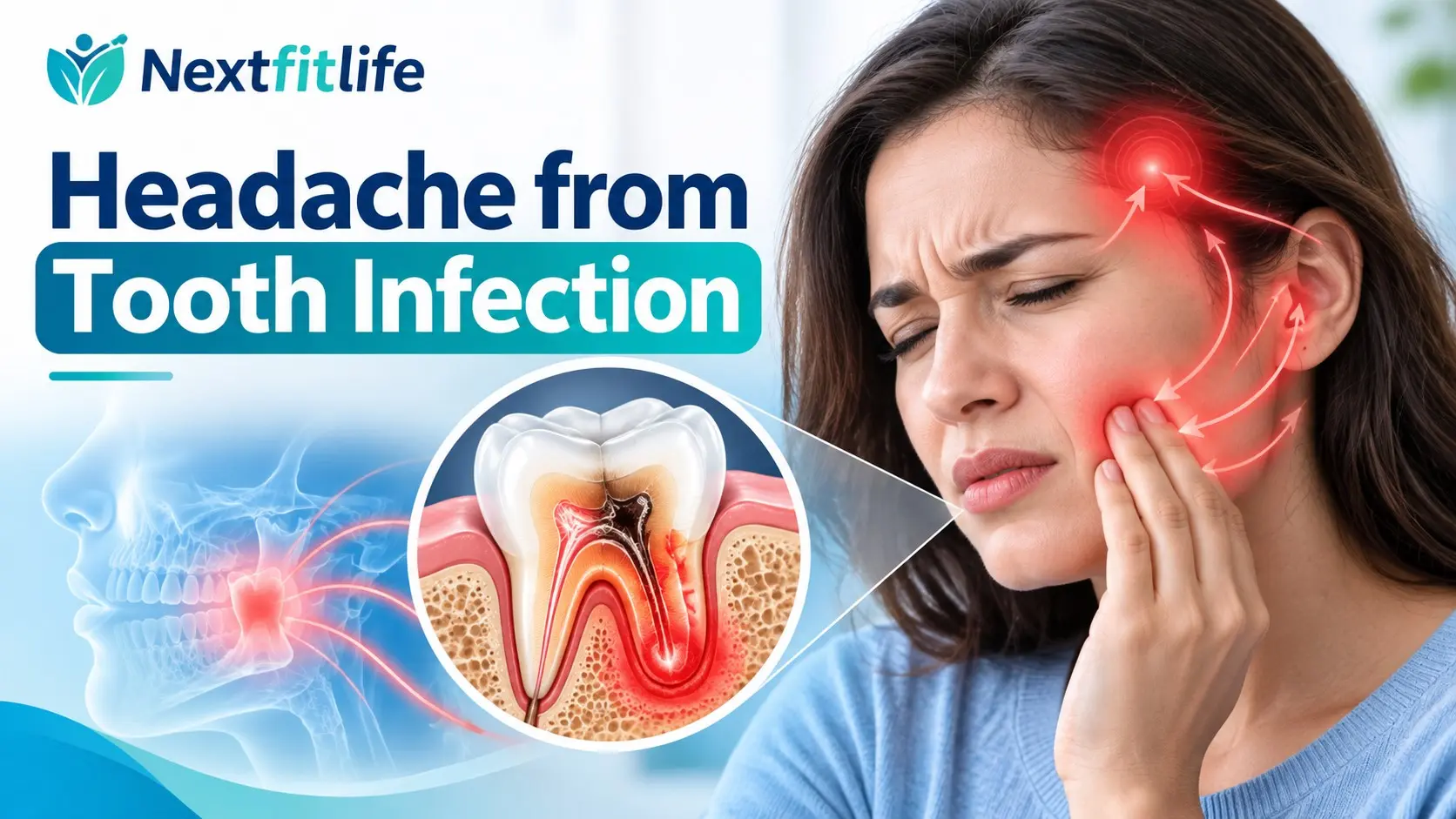 Headache from Tooth Infection showing dental abscess pain spreading toward the jaw, temple, ear, and face
