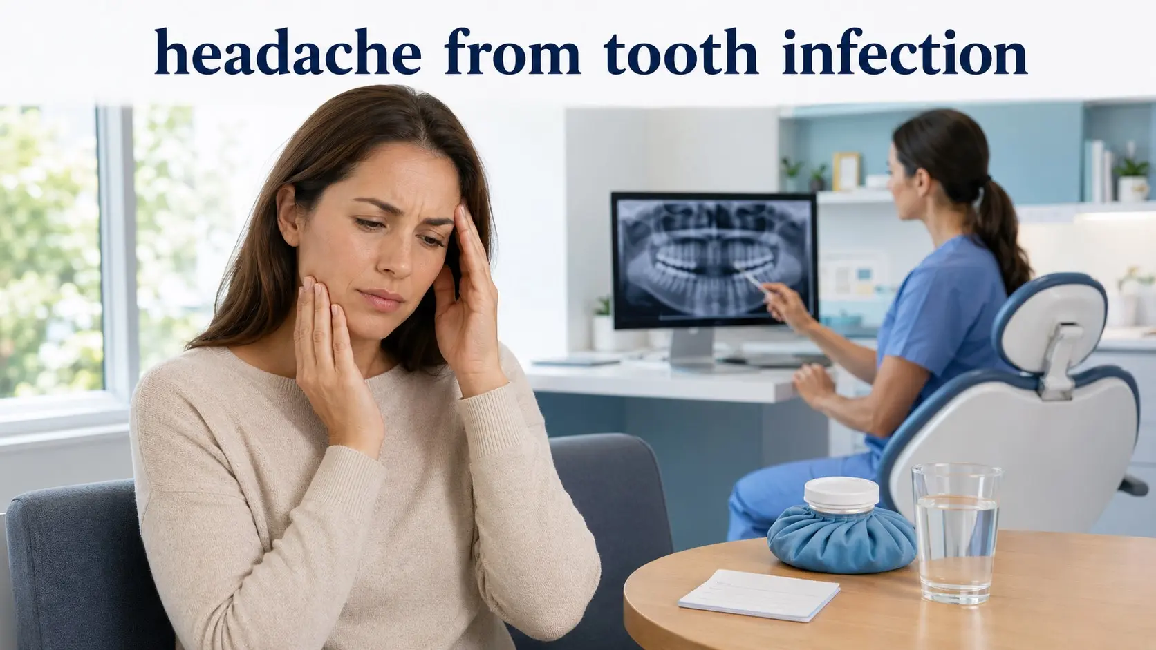 headache from tooth infection - Adult holding the jaw and temple because of tooth and head pain while a dental professional reviews an X-ray.