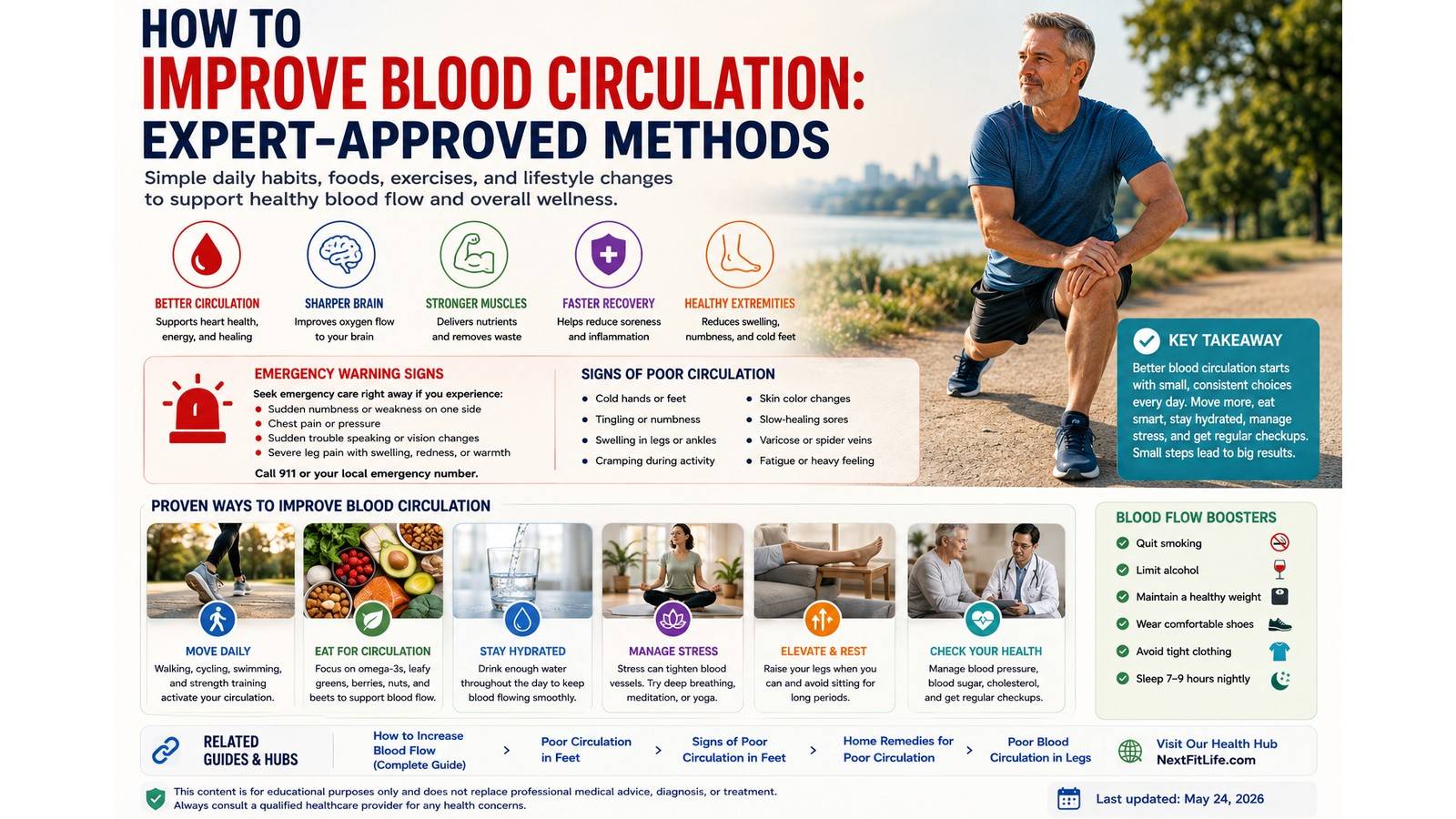 how to improve blood circulation - Adult walking with a healthcare professional while reviewing heart and blood vessel health, blood pressure, healthy food, hydration, and foot care