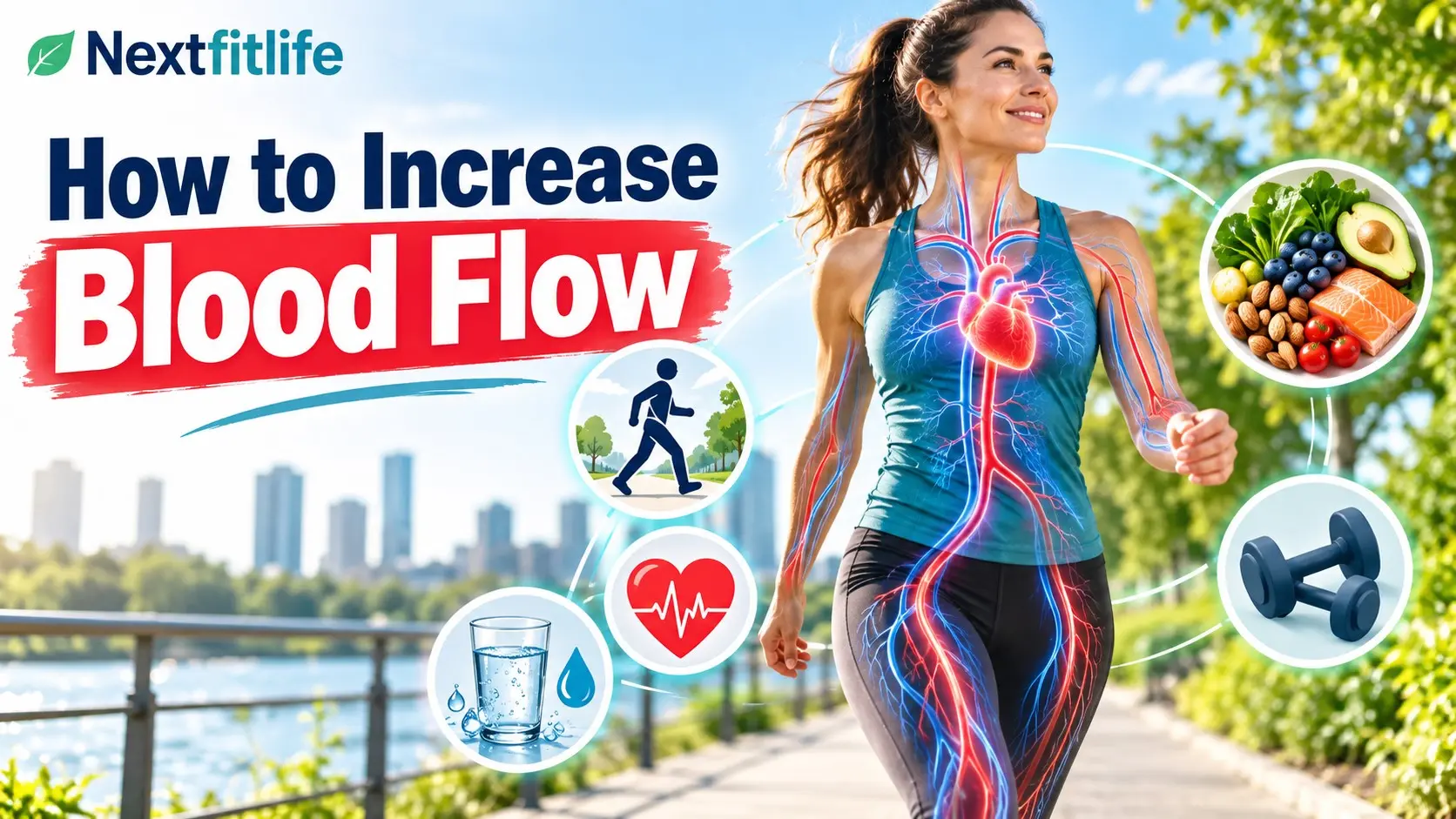 How to Increase Blood Flow with walking, healthy foods, hydration, exercise, and heart healthy daily habits
