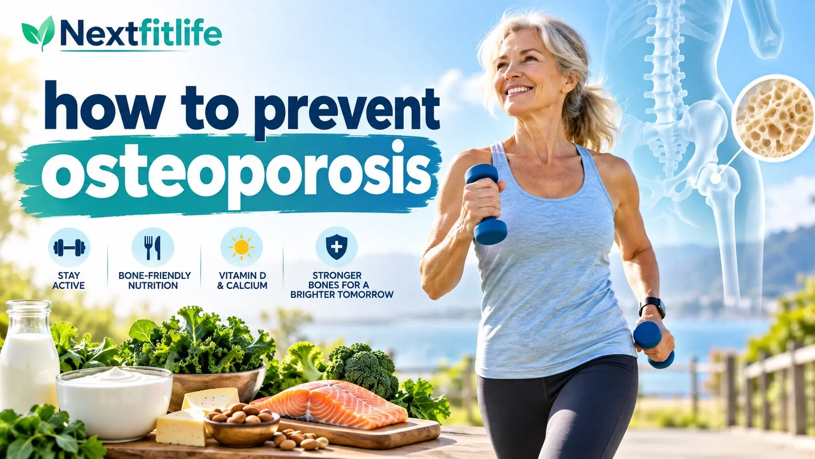How to prevent osteoporosis with strength exercise, calcium rich foods, vitamin D, balance training, and bone screening