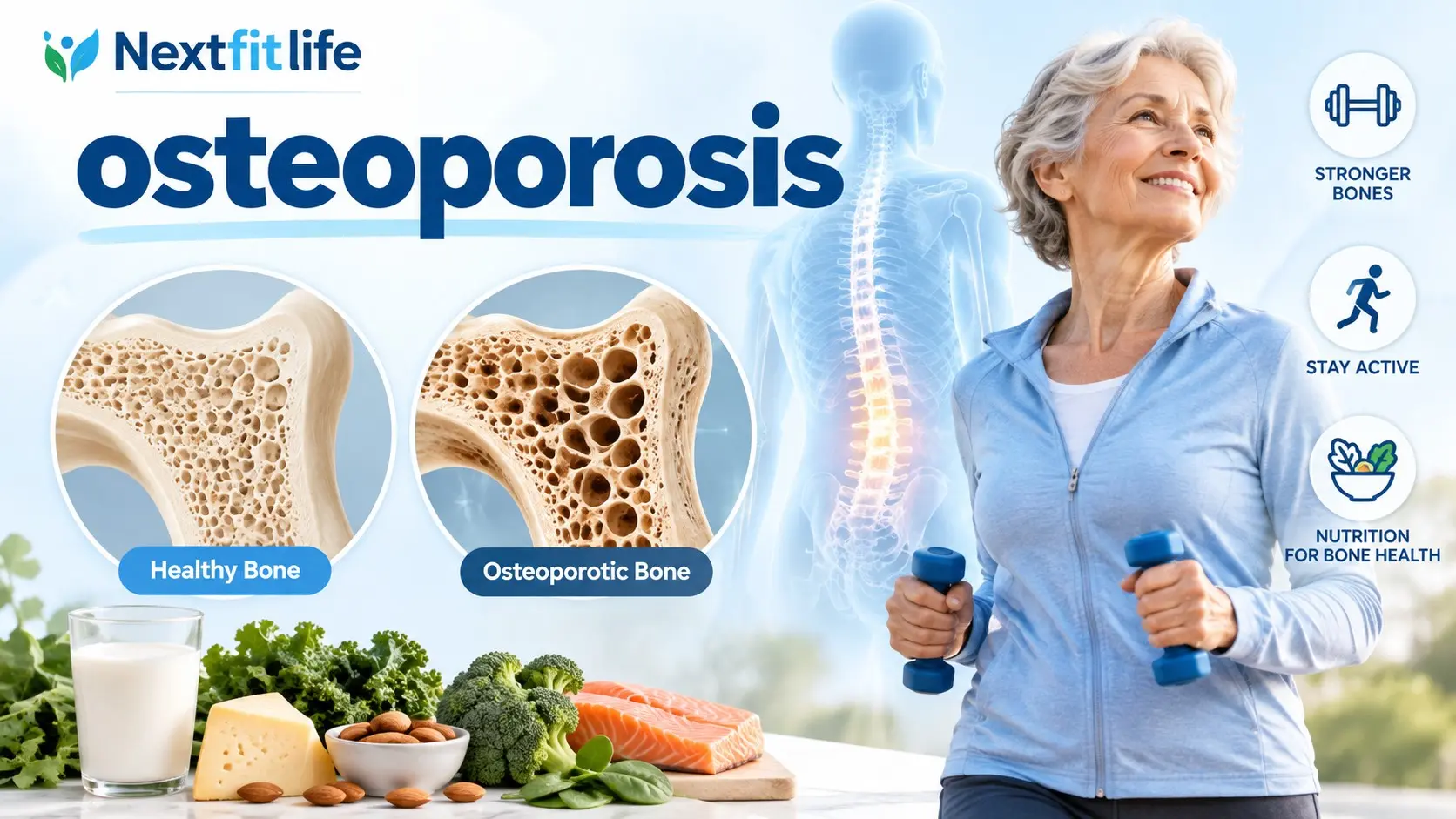 Osteoporosis showing healthy and weakened bone, fracture risk, DXA screening, exercise, calcium, and vitamin D