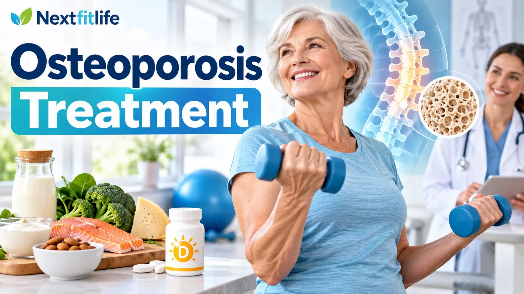 Osteoporosis treatment with bone strengthening medicines, resistance exercise, calcium, vitamin D, DXA monitoring, and fall prevention