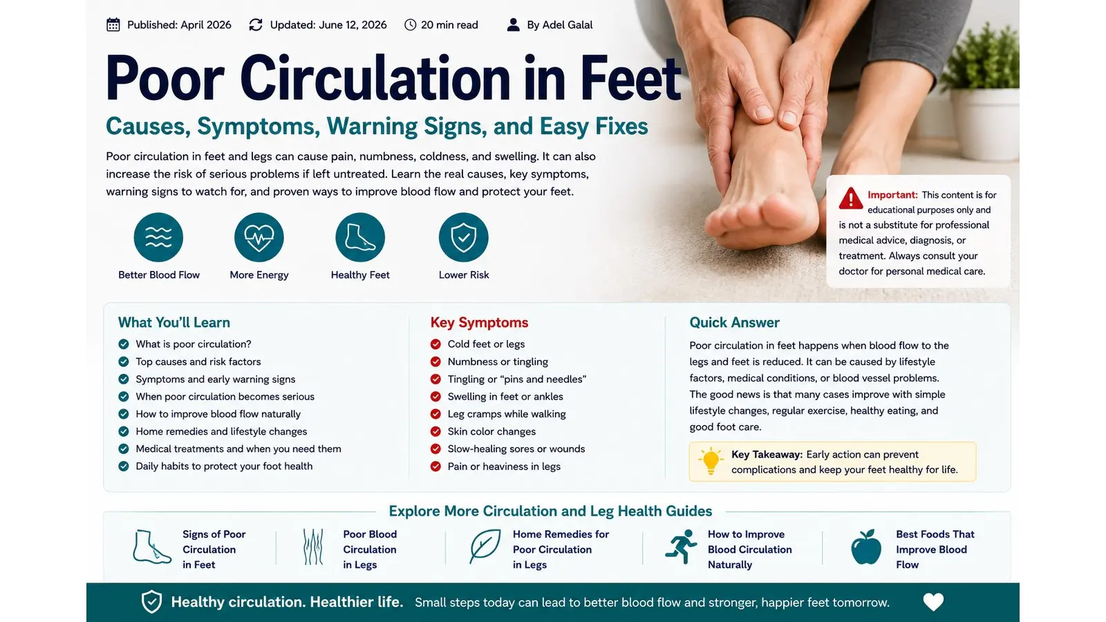 poor circulation in feet - Healthcare professional checking an adult foot for poor circulation with a pulse exam, ankle pressure cuff, walking shoe, and foot care mirror