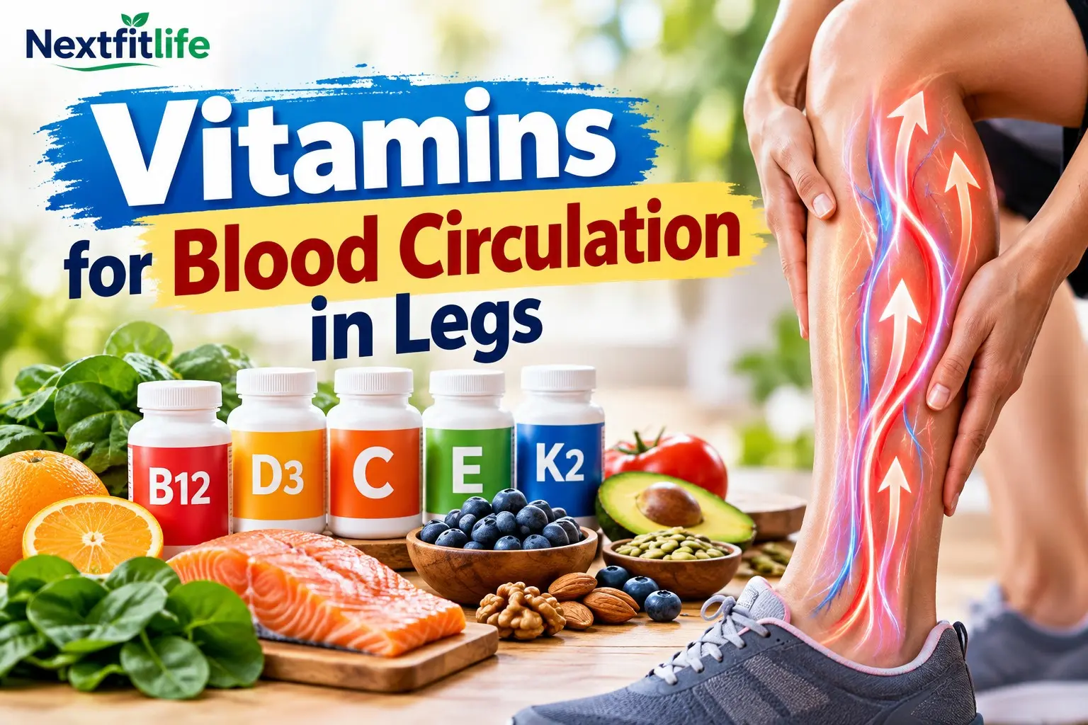 Vitamins for Blood Circulation in Legs showing B12, folate, vitamin C, vitamin D, healthy foods, and leg circulation