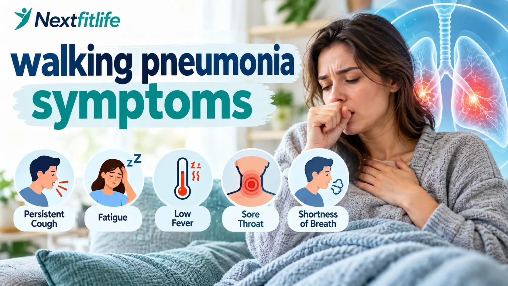 Walking pneumonia symptoms showing persistent cough, fever, fatigue, chest discomfort, shortness of breath, and lung infection