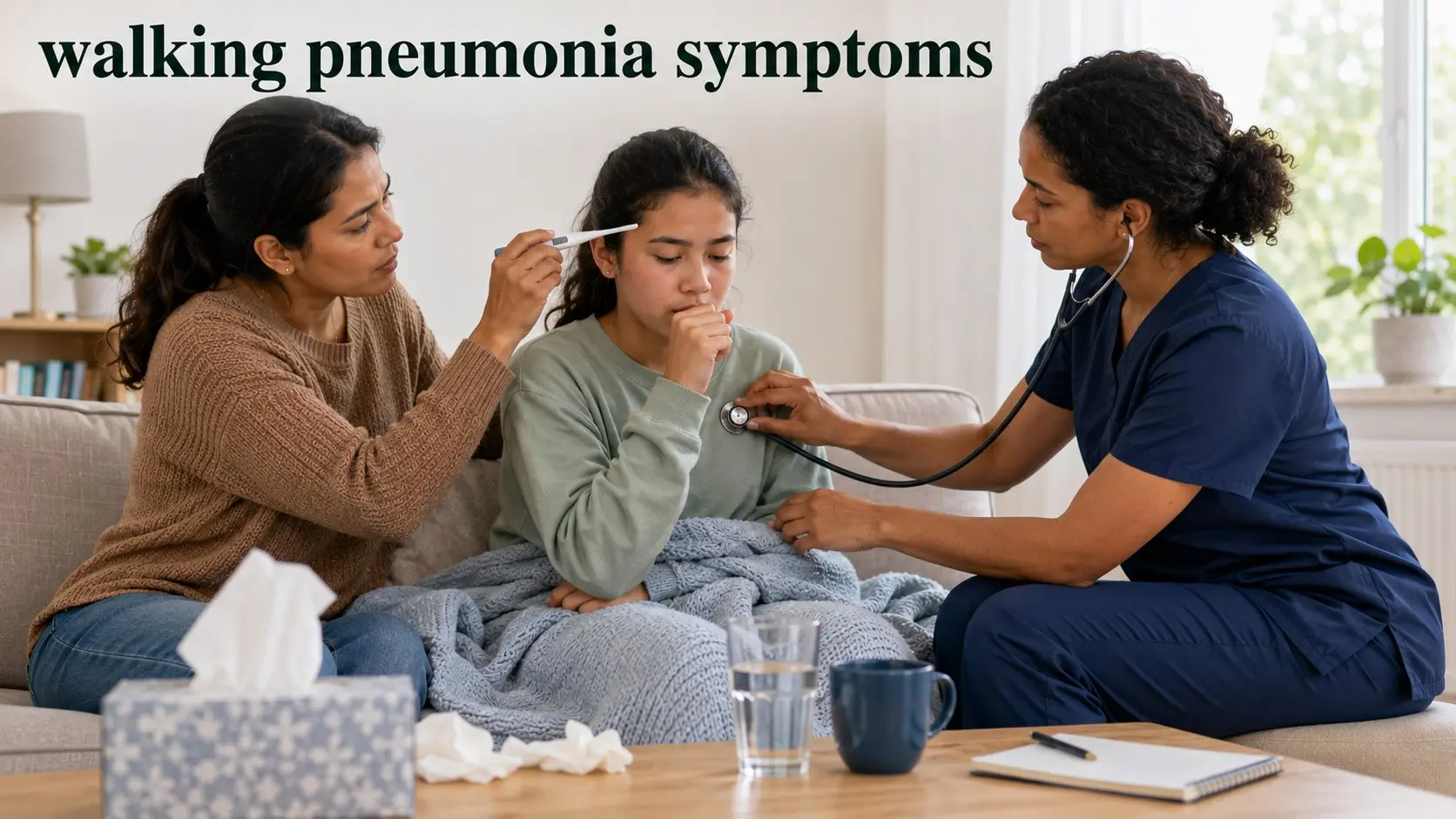 walking pneumonia symptoms- Healthcare professional checks a young patient with persistent cough and fatigue for possible walking pneumonia.