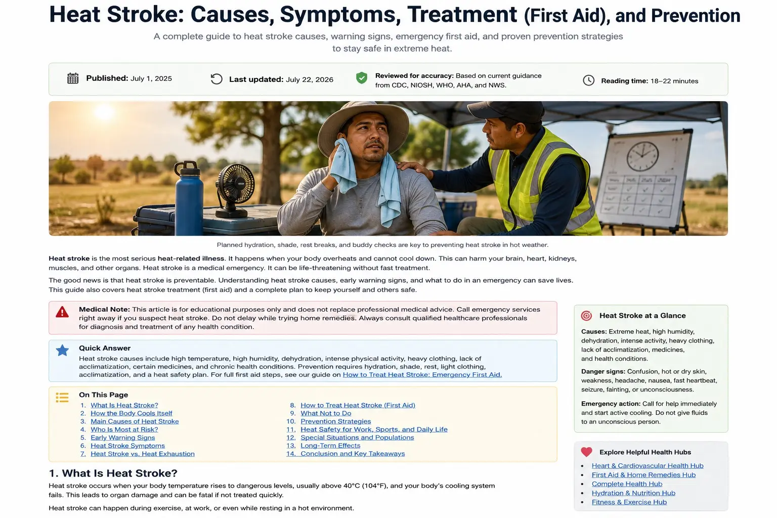 Heat Stroke - Adult outdoor worker taking a cooling break in deep shade with water, a cooling towel, fan, and coworker during extreme summer heat