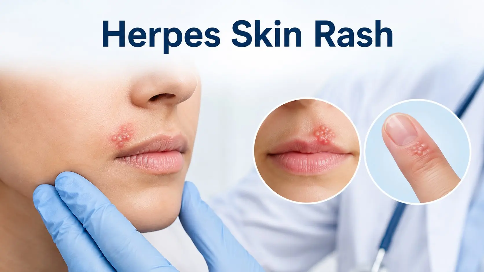 Herpes Skin Rash - Clinical illustration of a mild herpes skin rash showing oral herpes and a small herpetic whitlow during medical assessment