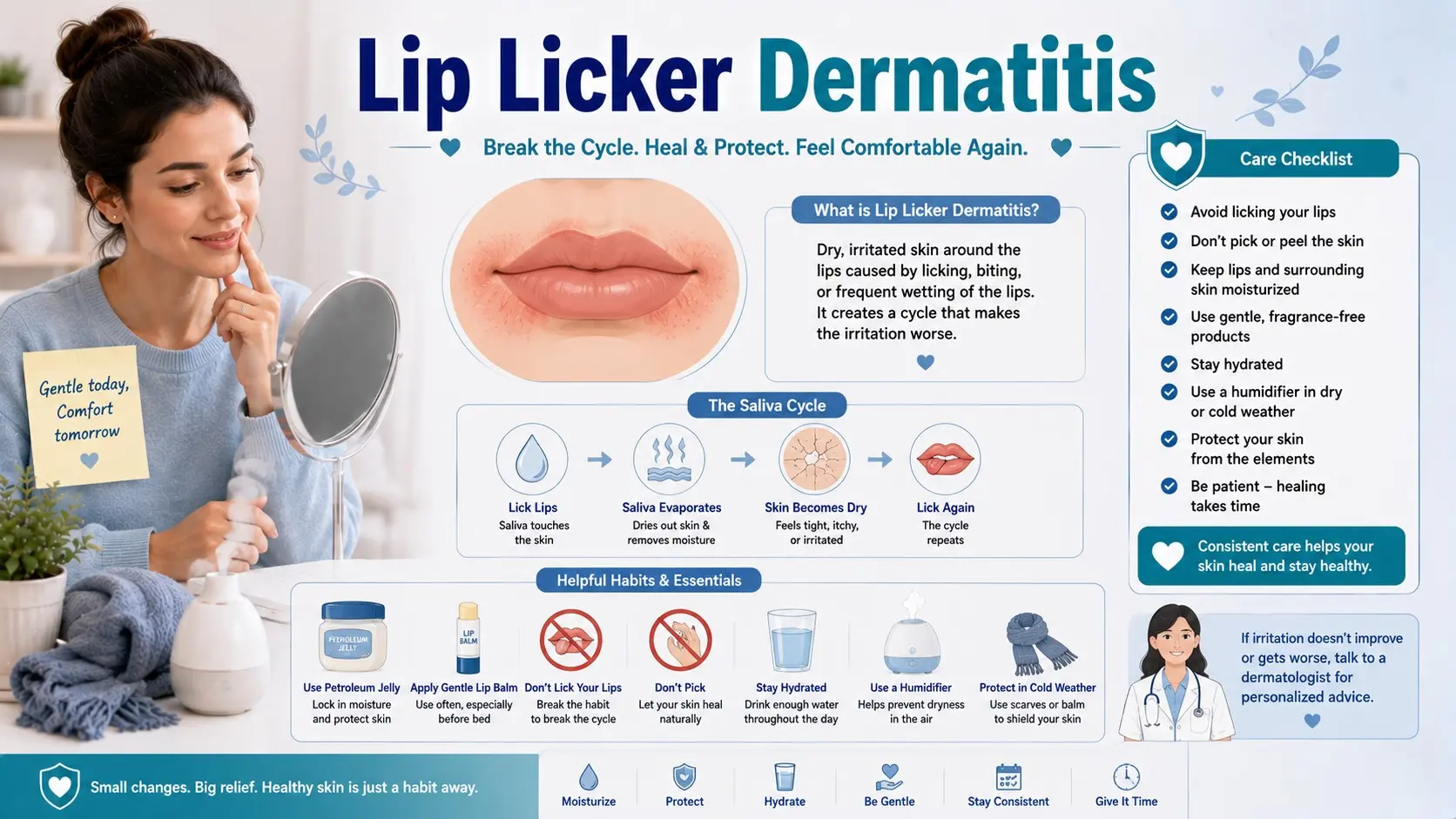 Lip Licker Dermatitis guide with red dry skin around lips, saliva cycle, petroleum jelly, gentle lip care, no licking, no picking, and doctor checklist icons.