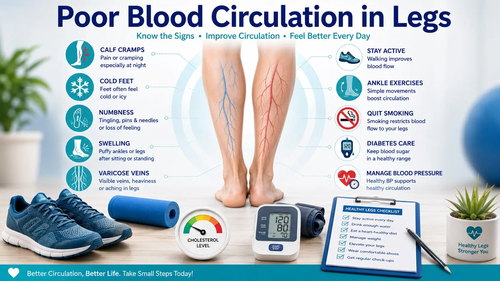 Poor Blood Circulation in Legs guide with leg cramps, cold feet, numbness, swelling, varicose veins, walking, ankle exercises, no smoking, diabetes care, and doctor checklist icons.