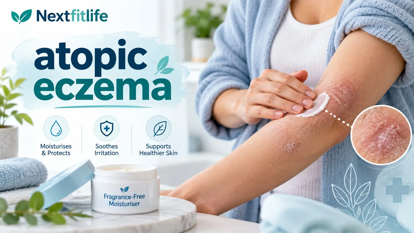Atopic eczema showing dry itchy inflamed skin, moisturizer, skin barrier care, topical treatment, and flare prevention