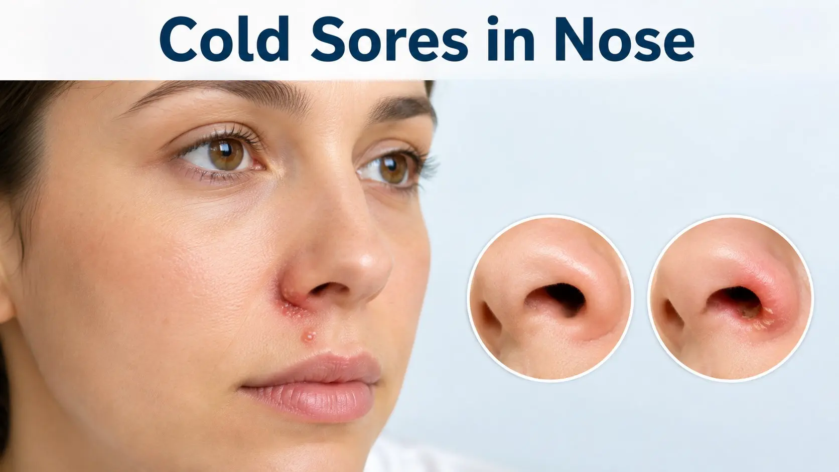 Cold Sores in Nose - Adult with a mild cold sore near the nostril with comparison views of nasal herpes and bacterial nasal vestibulitis