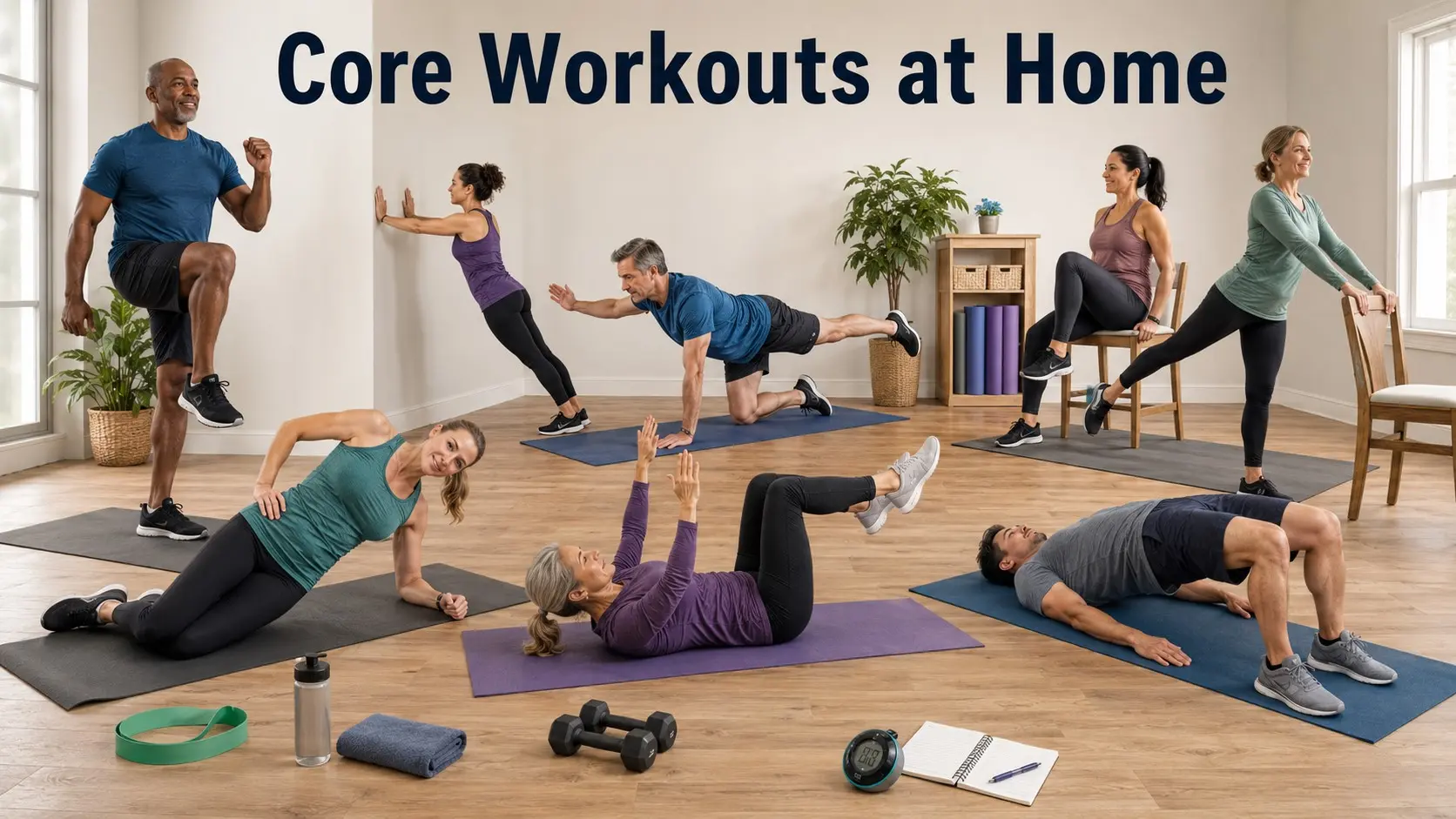 Core Workouts at Home guide with adults doing dead bugs, bird dogs, glute bridges, wall planks, seated knee lifts, and chair supported barre core work