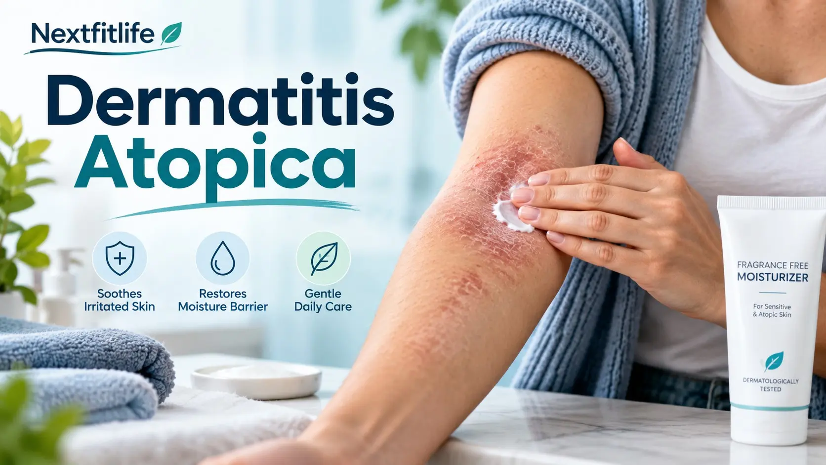 Dermatitis atopica showing dry itchy skin, moisturizer, topical treatment, skin barrier care, and eczema flare prevention