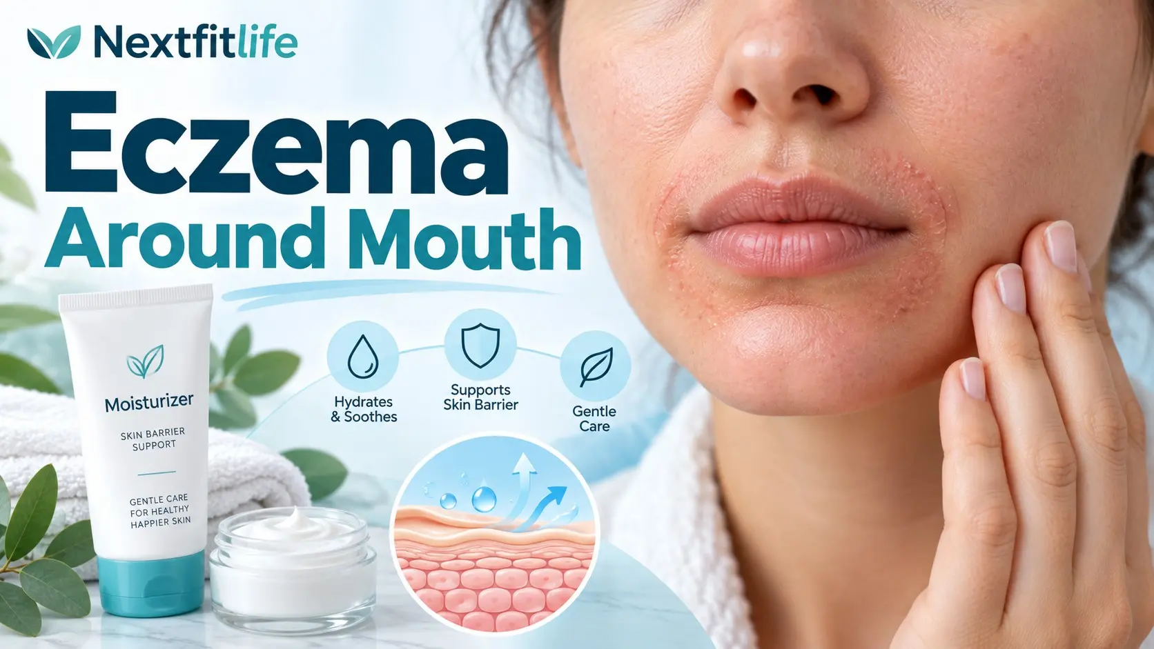 Eczema around mouth showing dry irritated skin, gentle moisturizer, lip barrier care, contact triggers, and dermatologist treatment