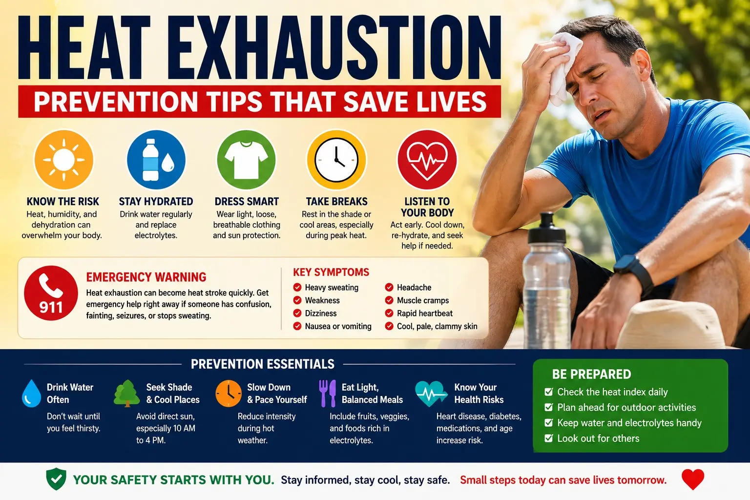 Helper cooling an alert adult with heat exhaustion using shade, a wet towel, water, and a cold pack during hot weather