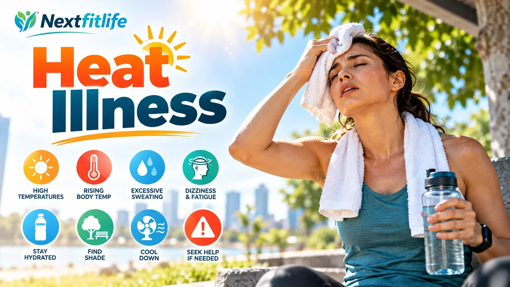 Heat illness showing heat cramps, heat exhaustion, heat stroke warning signs, cooling, hydration, shade, and emergency first aid