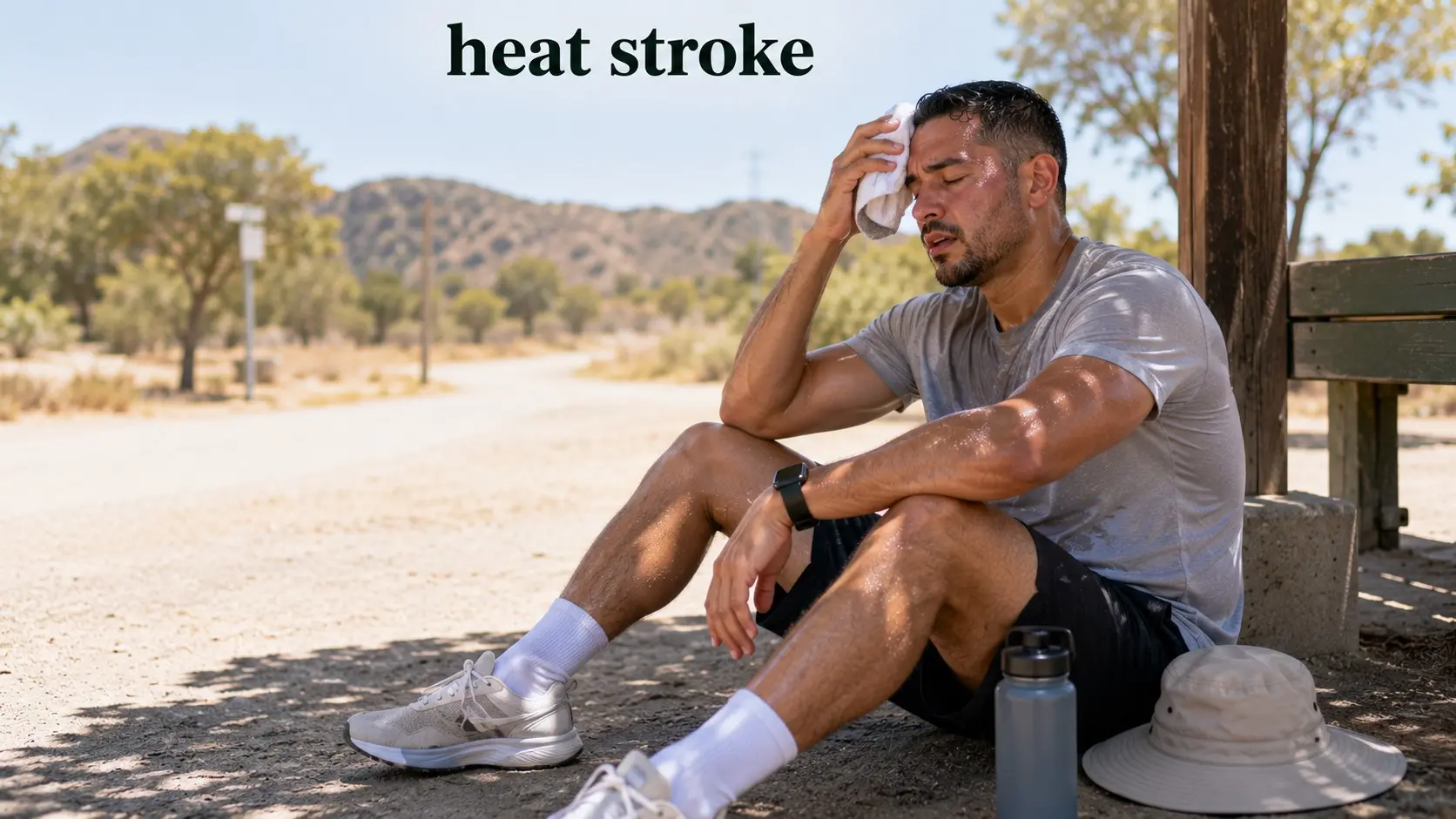 Adult cooling down in the shade on a hot day with water and sun protection to help prevent heat stroke.