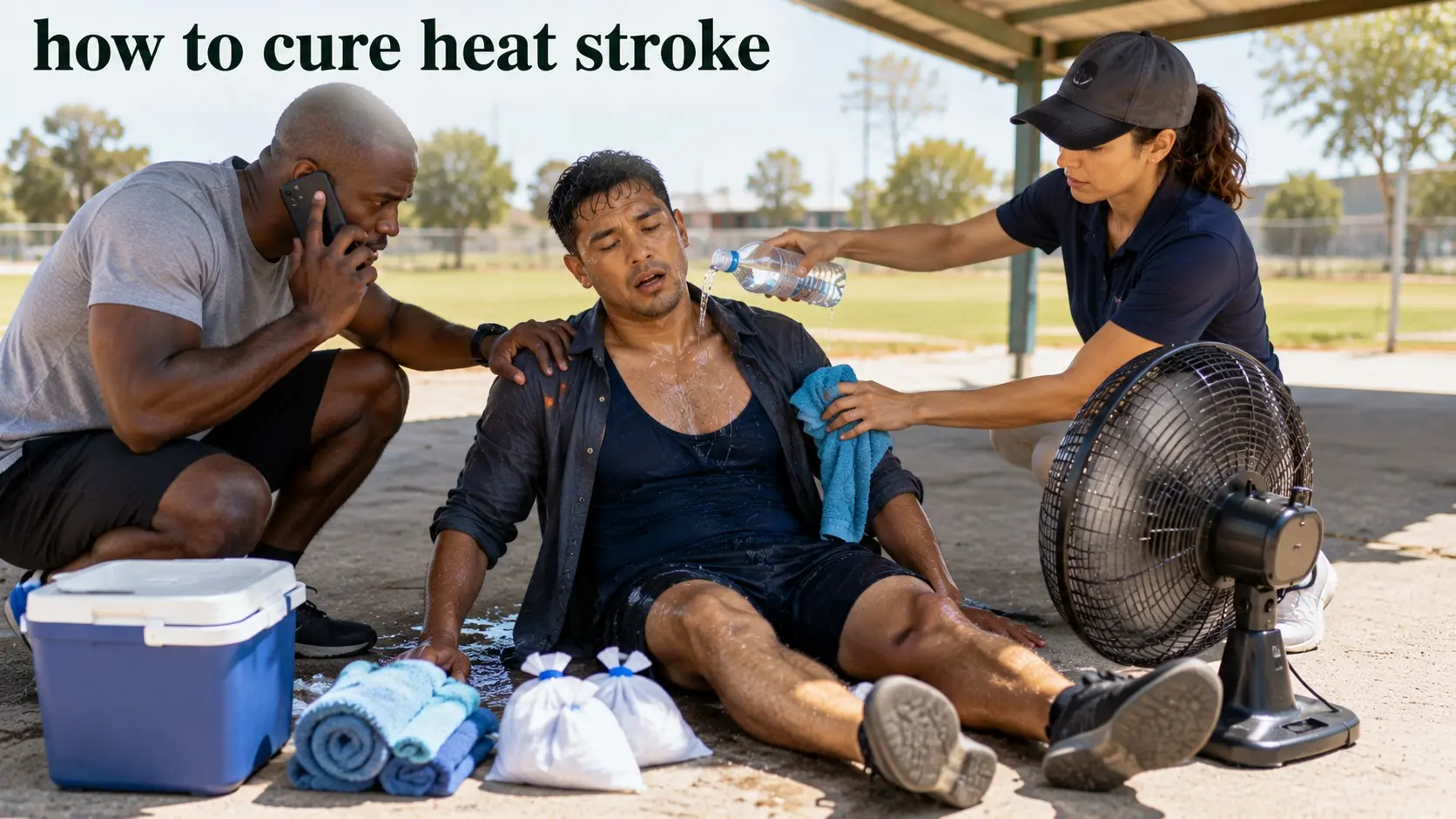 how to cure heat stroke - Helpers call emergency services and rapidly cool an overheated adult with cool water and a fan for suspected heat stroke.