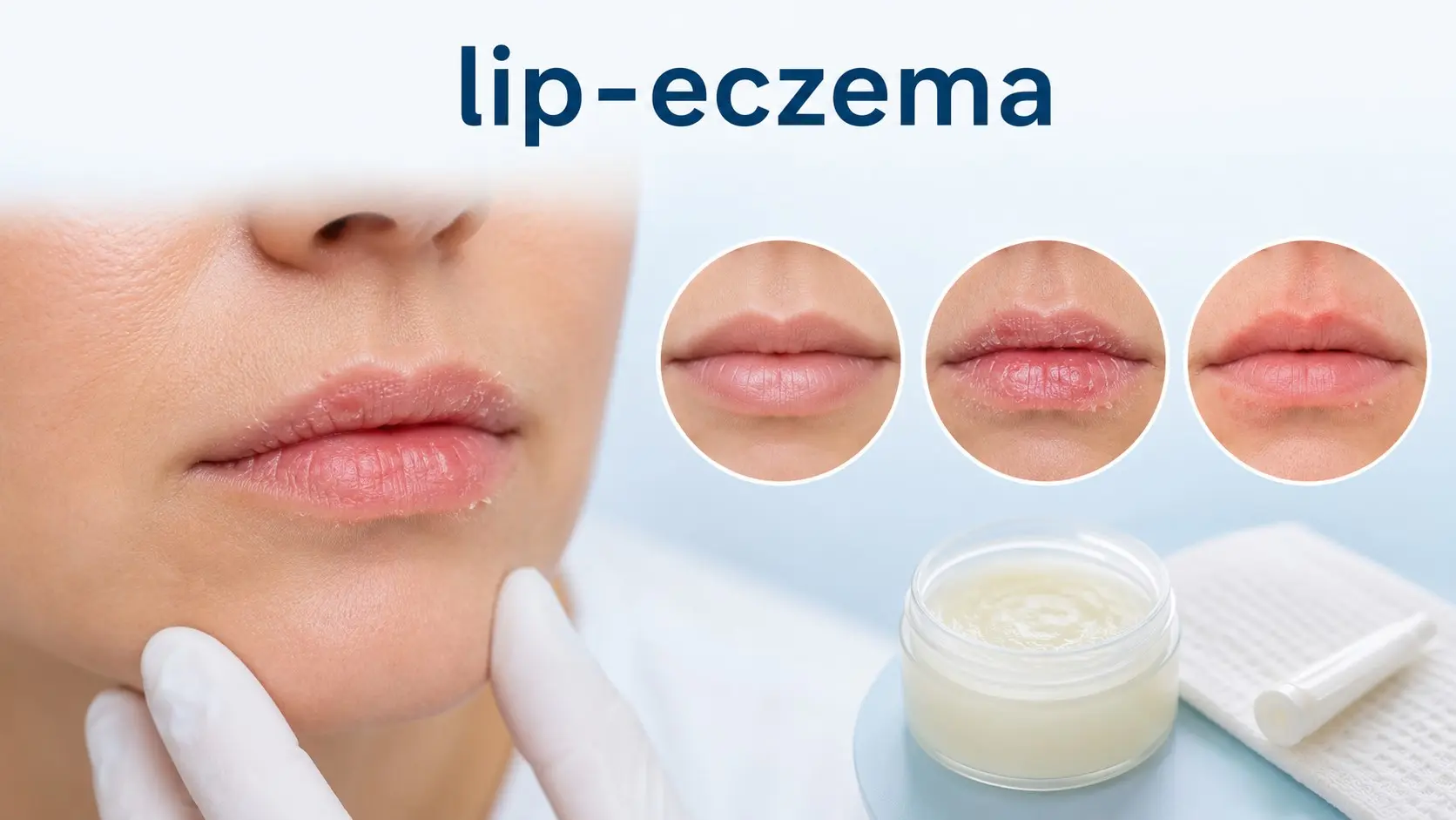 Adult with mild lip eczema showing dry red flaky lips beside healthy lips and contact irritation examples