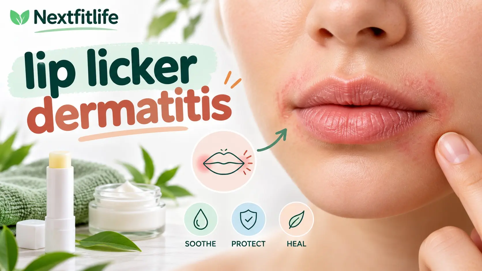 Lip licker dermatitis showing dry irritated skin around the lips, saliva cycle, barrier ointment, and habit breaking care