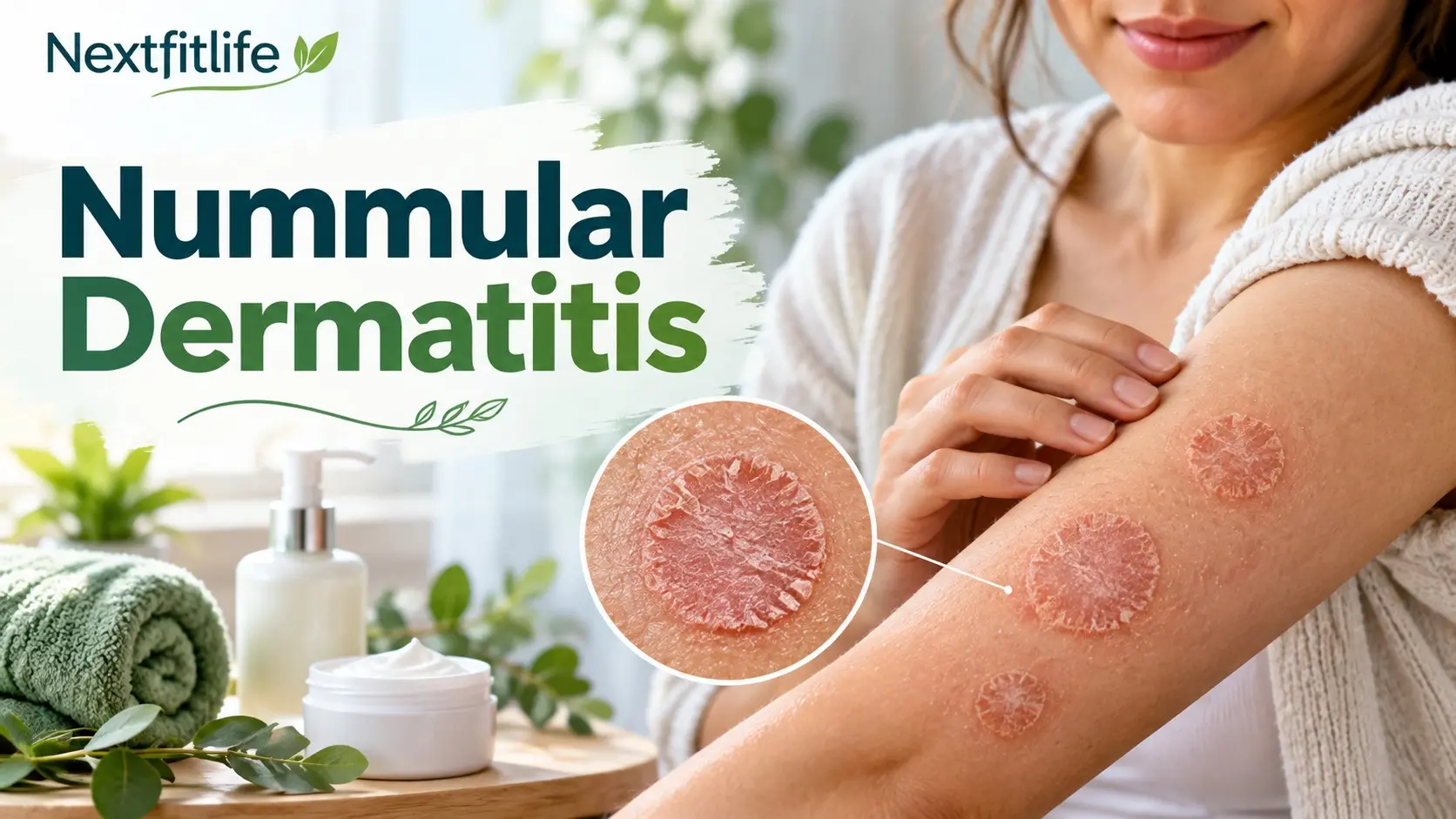 Nummular dermatitis showing coin shaped itchy patches, moisturizer, topical treatment, gentle bathing, and eczema flare prevention