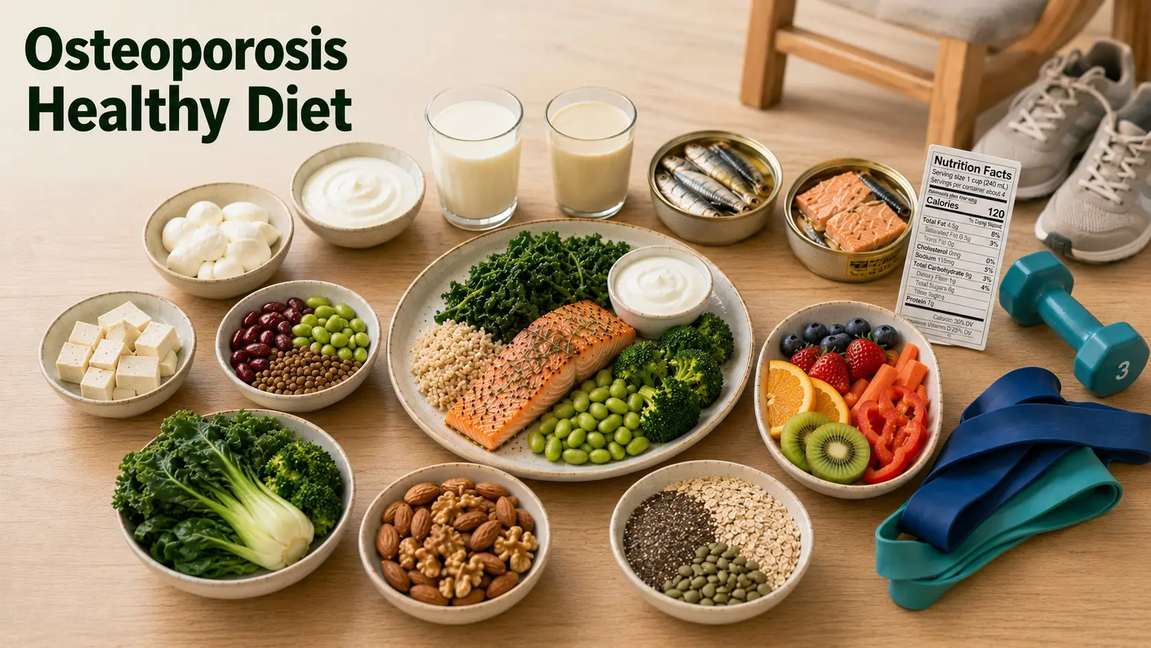 Osteoporosis Healthy Diet with yogurt, milk, cheese, sardines, salmon, tofu, beans, leafy greens, nuts, seeds, fruit, and whole grains