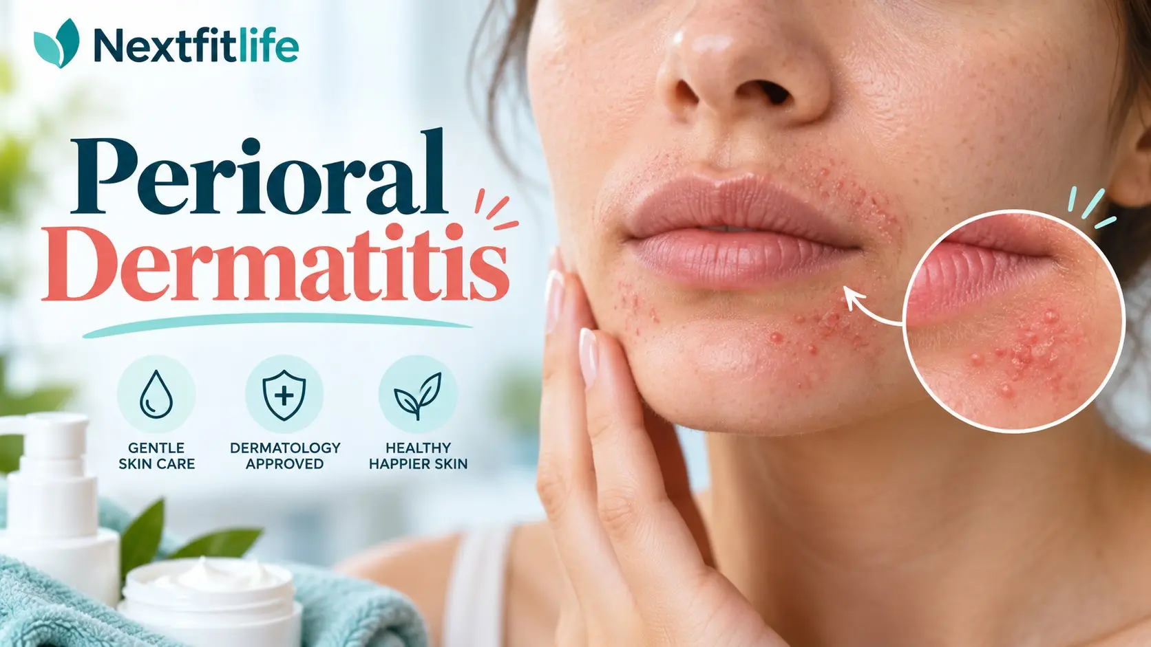 Perioral dermatitis showing small bumps around the mouth, steroid warning, gentle skin care, topical treatment, and dermatologist care