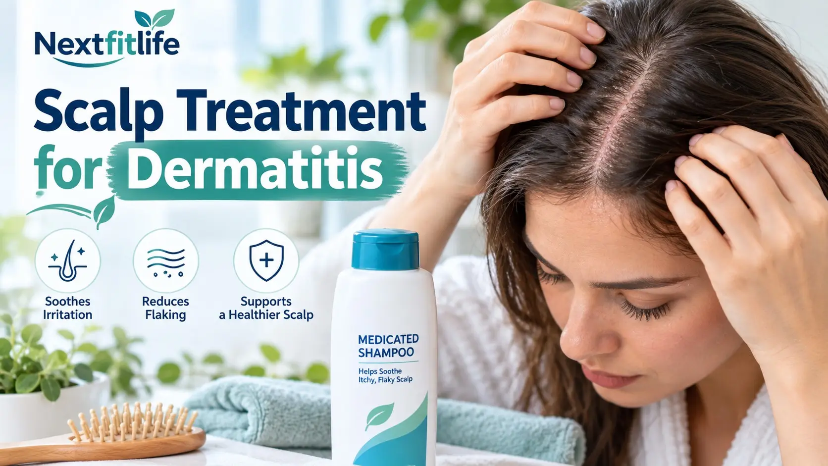 Scalp treatment for dermatitis showing itchy flaky scalp, medicated shampoo, gentle washing, antifungal care, and dermatologist treatment