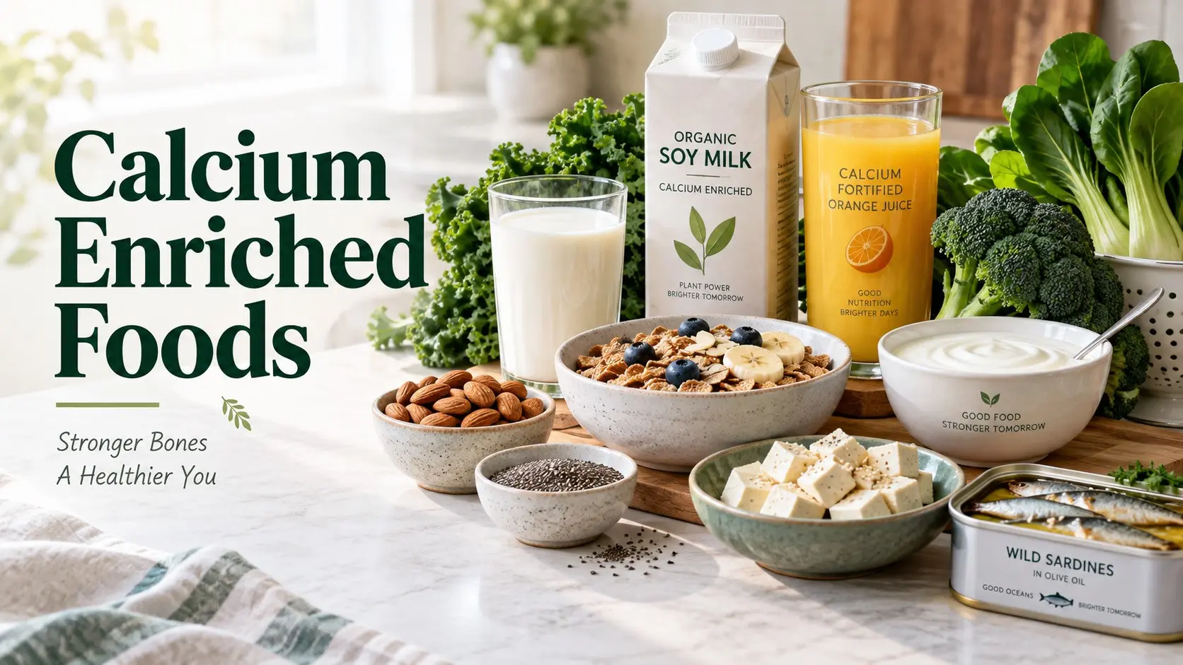 Calcium Enriched Foods including fortified plant milk, calcium fortified juice, cereal, calcium set tofu, yogurt, leafy greens, and other calcium foods