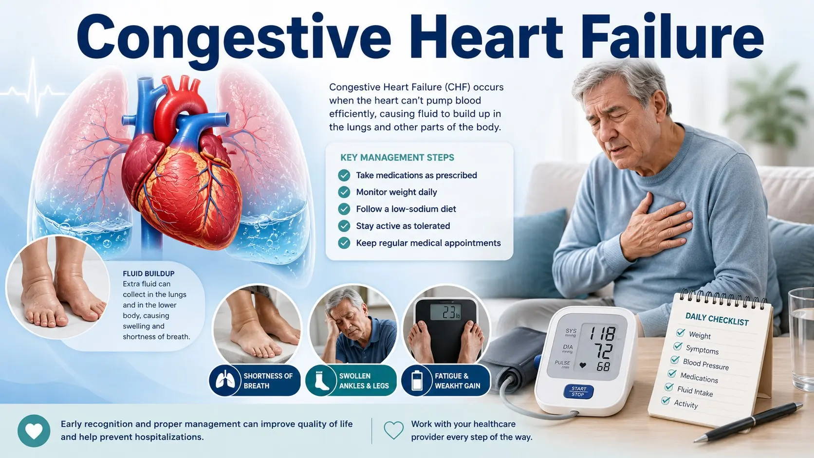 Congestive Heart Failure infographic showing a heart and lungs with fluid buildup, swollen ankles, shortness of breath, fatigue, weight gain, blood pressure monitor, and daily care checklist.