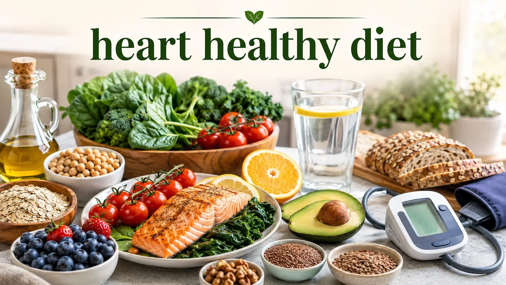 Heart healthy diet with salmon, vegetables, berries, oats, beans, nuts, olive oil, whole grains and a simple meal plan for heart health