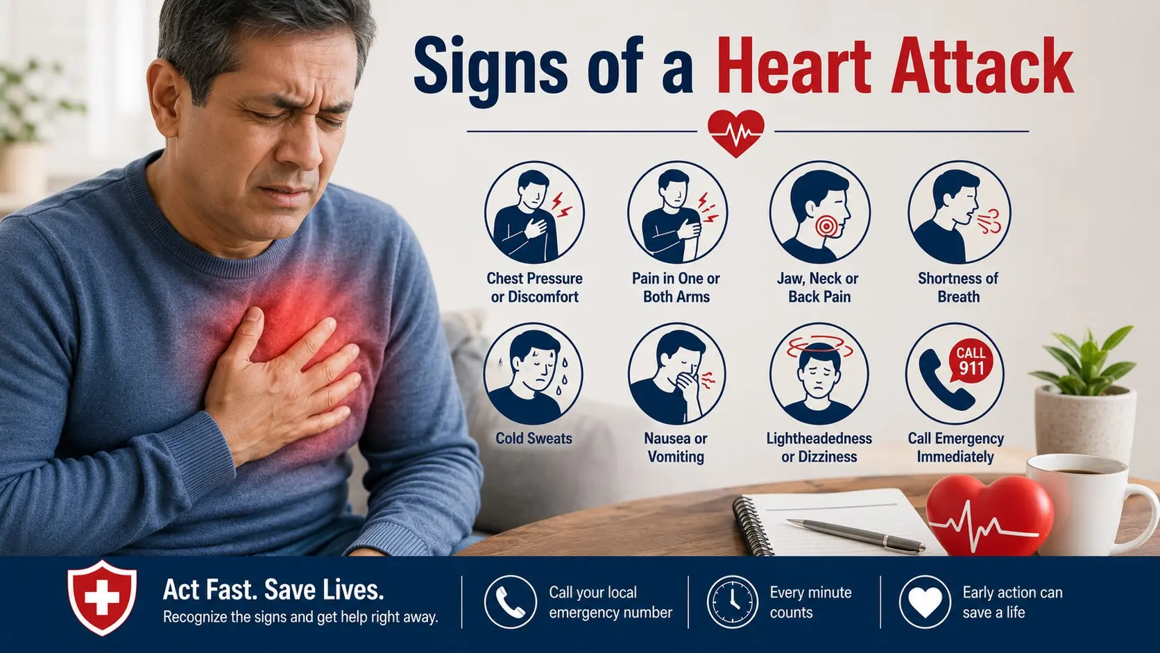 Signs of a Heart Attack guide showing chest pressure, arm pain, jaw pain, shortness of breath, cold sweat, nausea, and emergency call icons