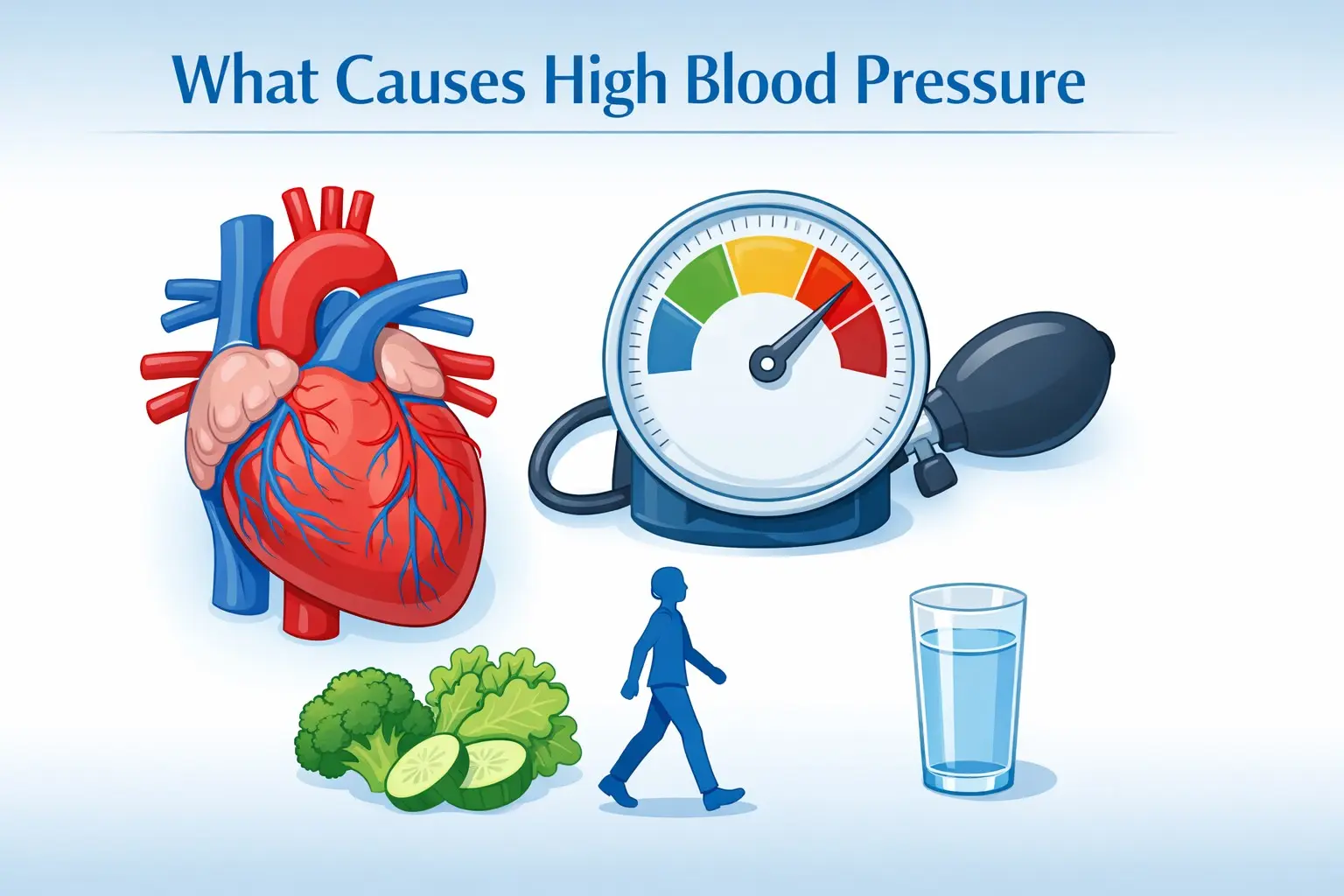 Doctors show blood pressure monitor reading with healthy foods and exercise symbols representing natural ways to prevent high blood pressure