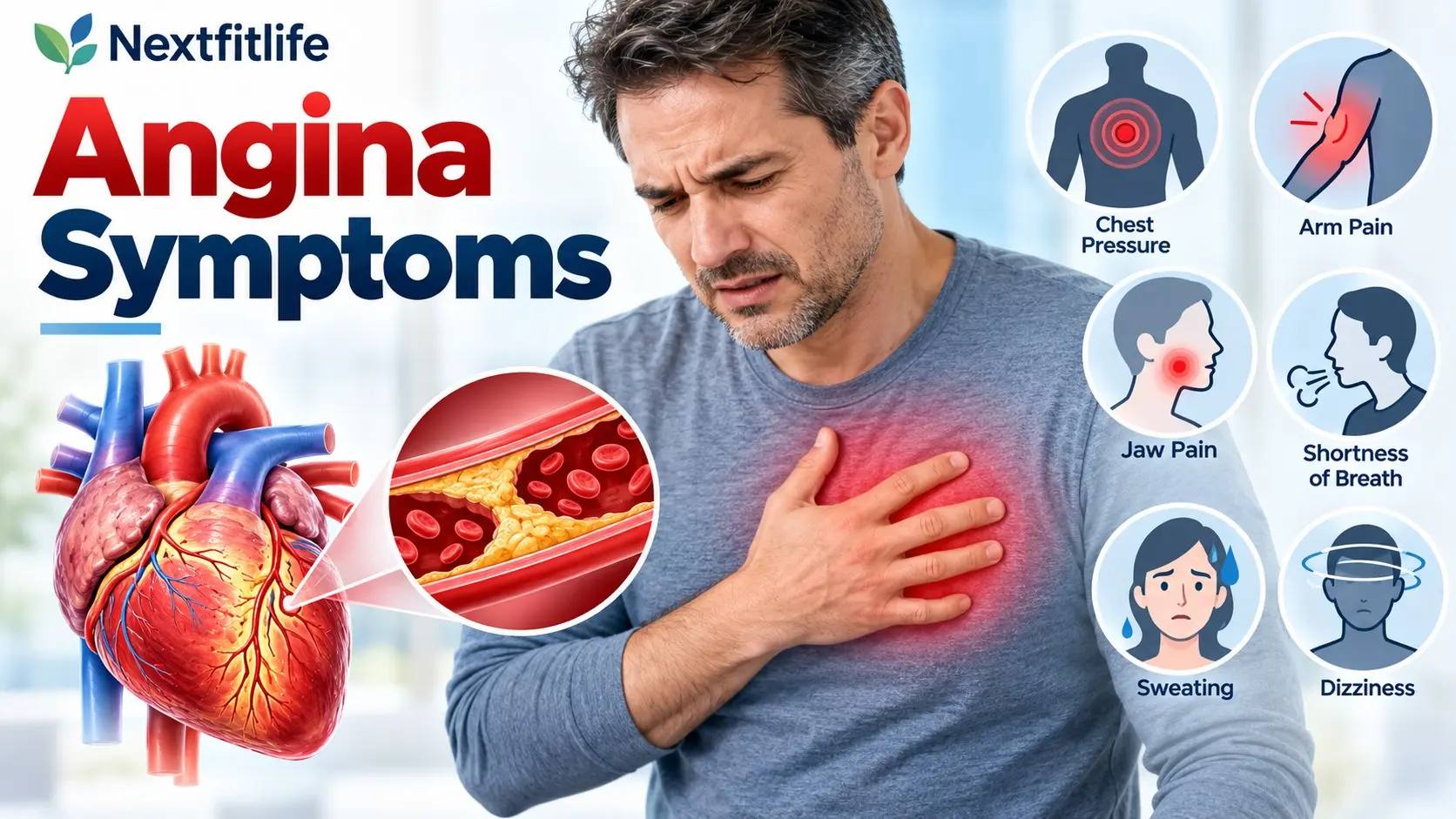 Angina symptoms showing chest pressure, arm pain, shortness of breath, jaw discomfort, sweating, nausea, and urgent heart care